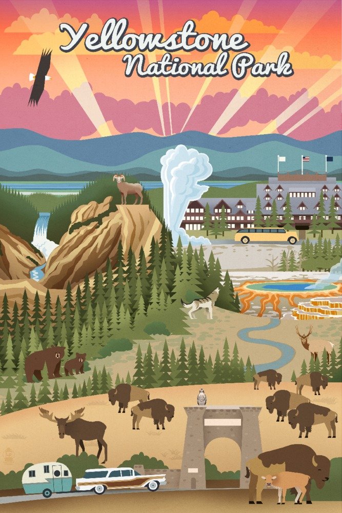 Yellowstone National Park Wyoming Retro Landscape Art Print - 24x36 Signed Wall Decor Poster for Living Room, Office & Home Decor