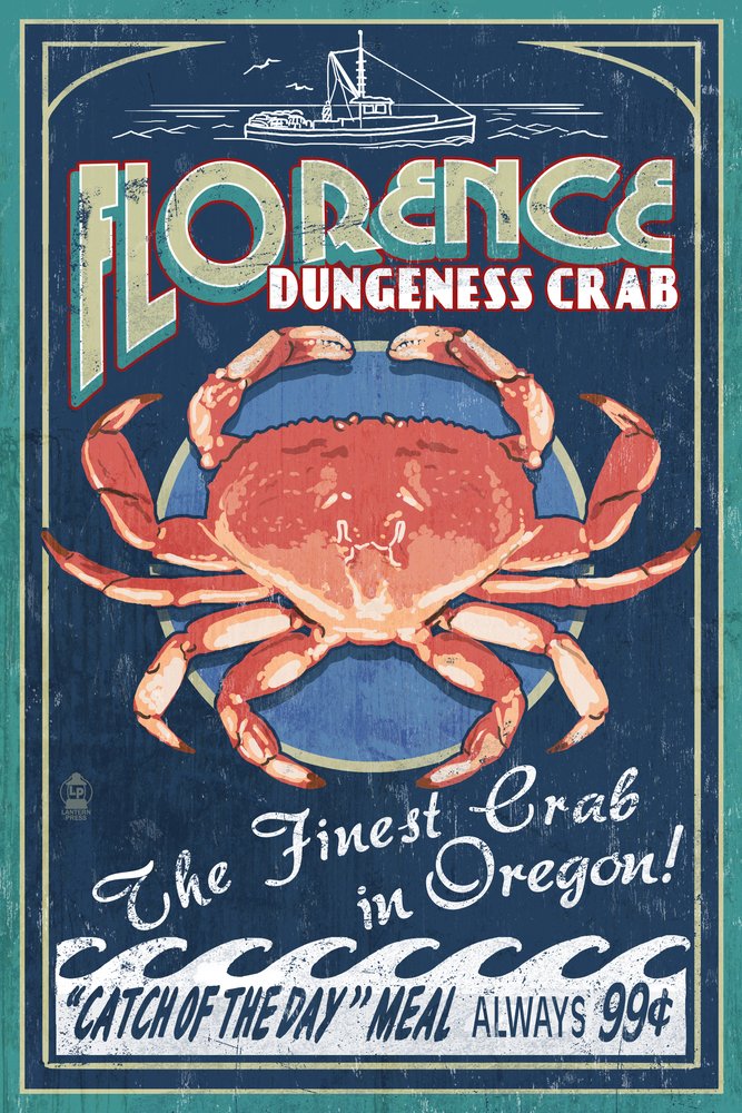 Vintage Dungeness Crab Wall Art Poster 12x18 - Florence Oregon Coastal Decor, Retro Crab Fishing Sign for Kitchen, Living Room & Office