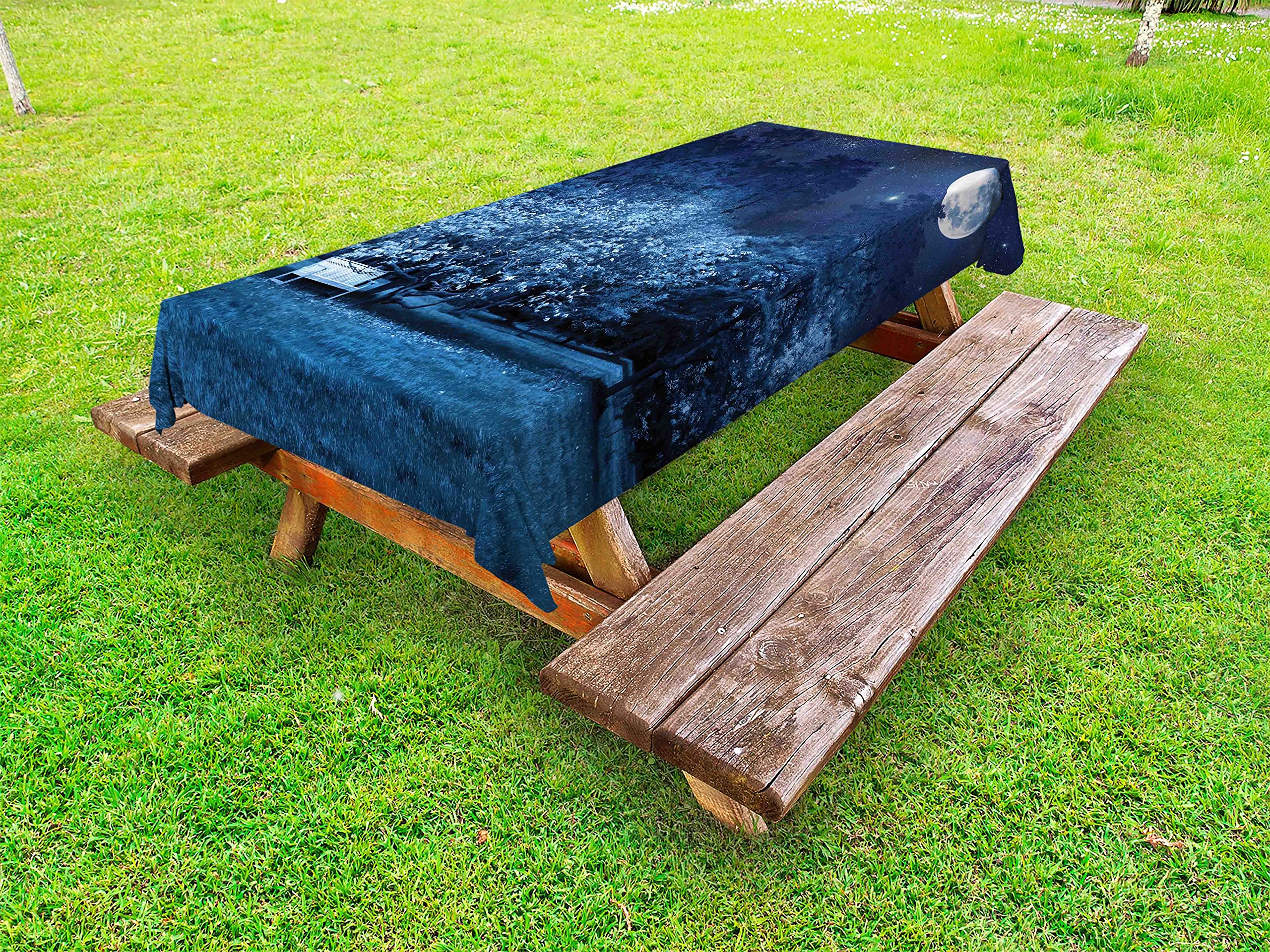 Fantasy Outdoor Tablecloth - Surreal Full Moon Night Park Scene with Bench Under Tree Print, Washable Picnic Table Cover 58x120 Inches, Navy Blue & White - Perfect for Picnics, BBQs, Garden Parties & Outdoor Dining