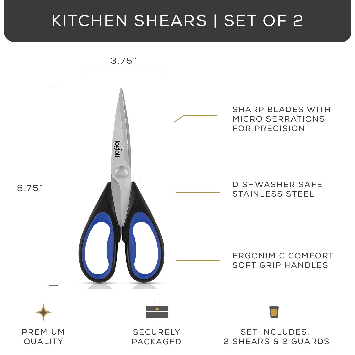 JoyJolt Heavy Duty Kitchen Shears - 2 Pack with Protective Sheaths | Multi-Purpose Stainless Steel Scissors for Herbs, Vegetables, Meat & Poultry | Dishwasher Safe | Perfect for Cooking, Food Prep & Crafting