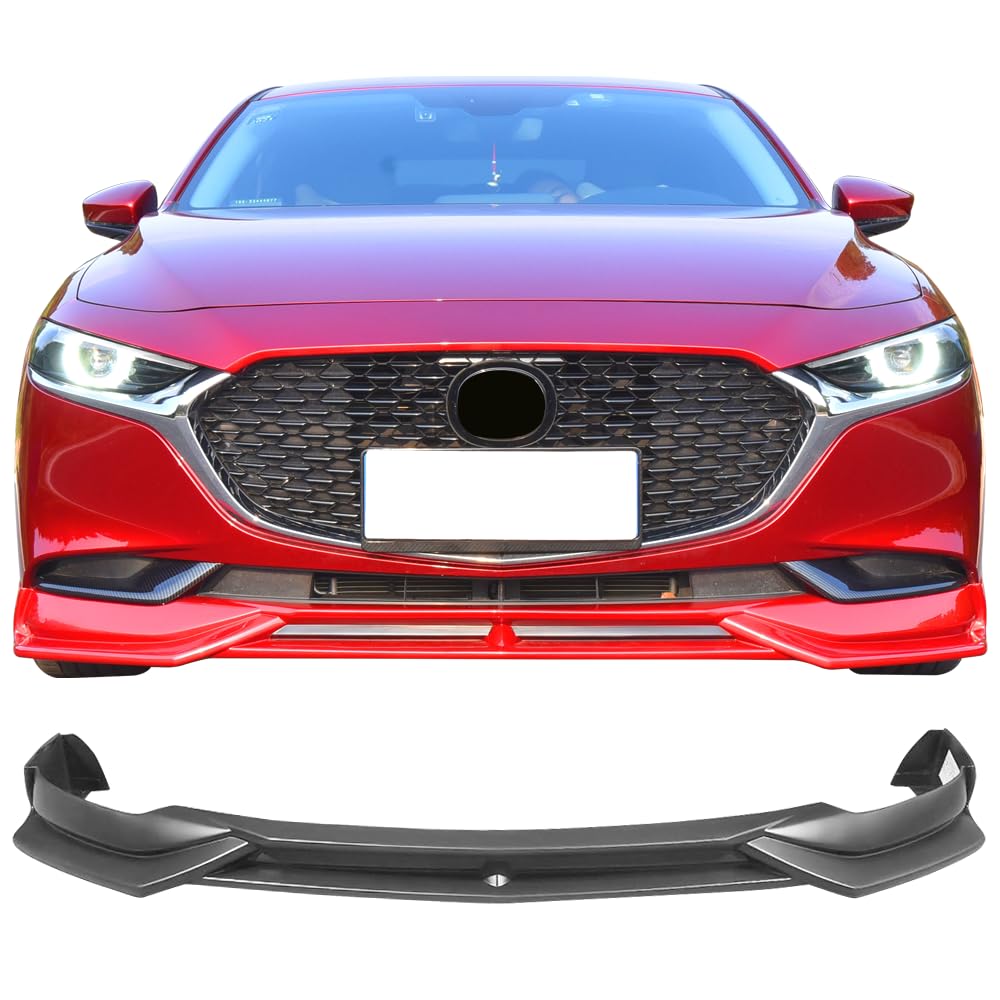 IKON MOTORSPORTS Front Bumper Lip for 2019-2020 Mazda 3 Sedan | 4-Door Matte Black PP Polypropylene Front Lip Spoiler | Enhances Aerodynamics & Sporty Style for Daily Driving & Car Shows