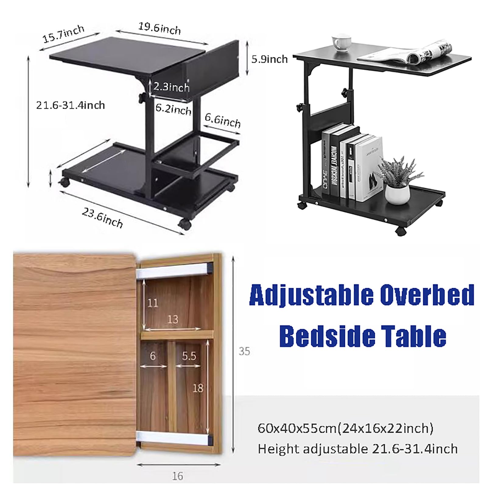 Adjustable Height Overbed Table with Wheels - Mobile Rolling Standing Desk & Portable Laptop Computer Table - Wooden Side Table for Home Office, Sofa, Bed (60x40x55cm/24x16x22inch) - Perfect for Working, Eating, Reading in Bed or Living Room