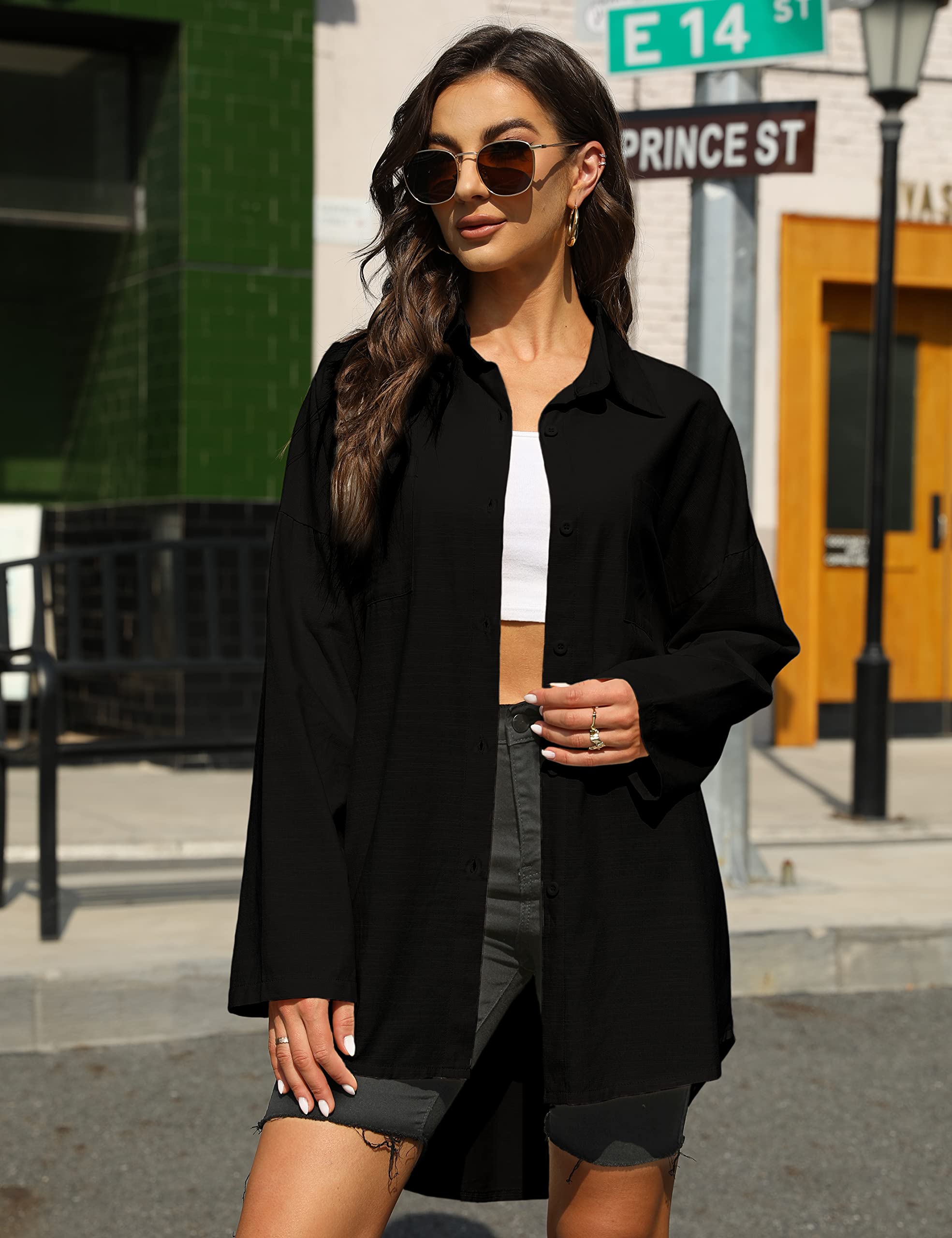 Bianstore Women's Oversized Linen Shirt - Long Sleeve Button Up Blouse with High Low Hem for Casual & Office Wear | Summer Beach Cover Up & Boho Style Outfit