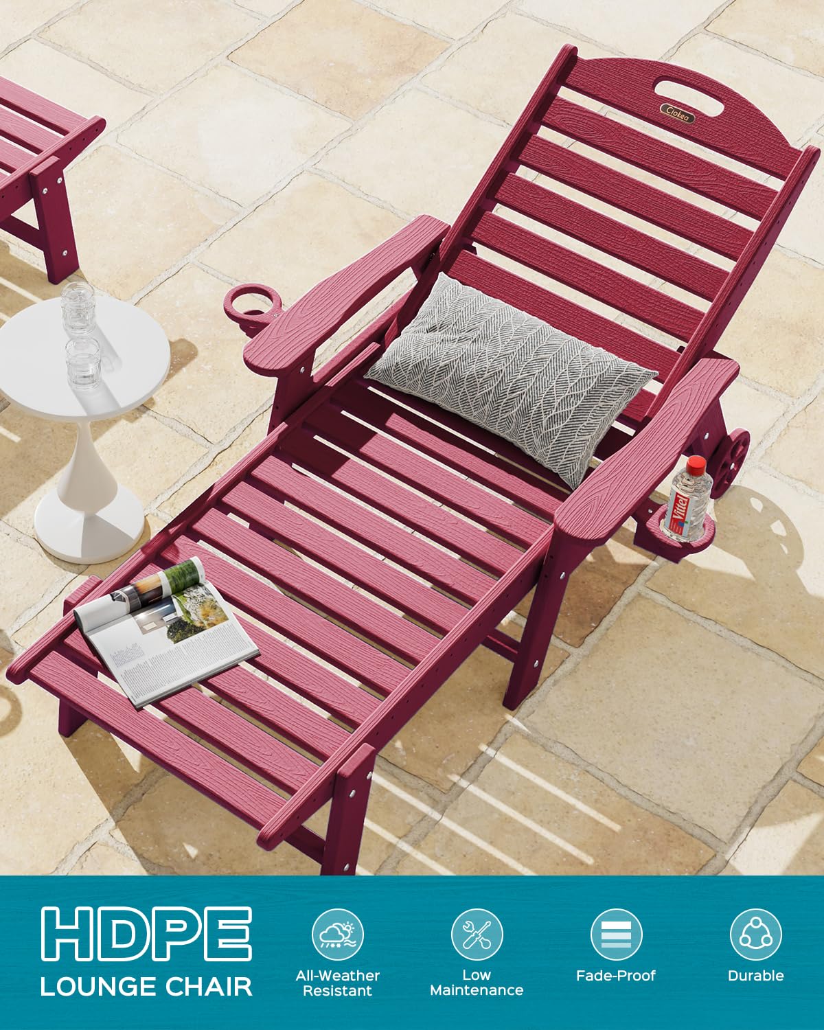 5-Position Adjustable Outdoor Chaise Lounge Chair with Wheels & Double Cup Holders - Wood Texture Patio Lounge for Poolside, Backyard, Beach - Perfect for Sunbathing & Relaxing (Red)
