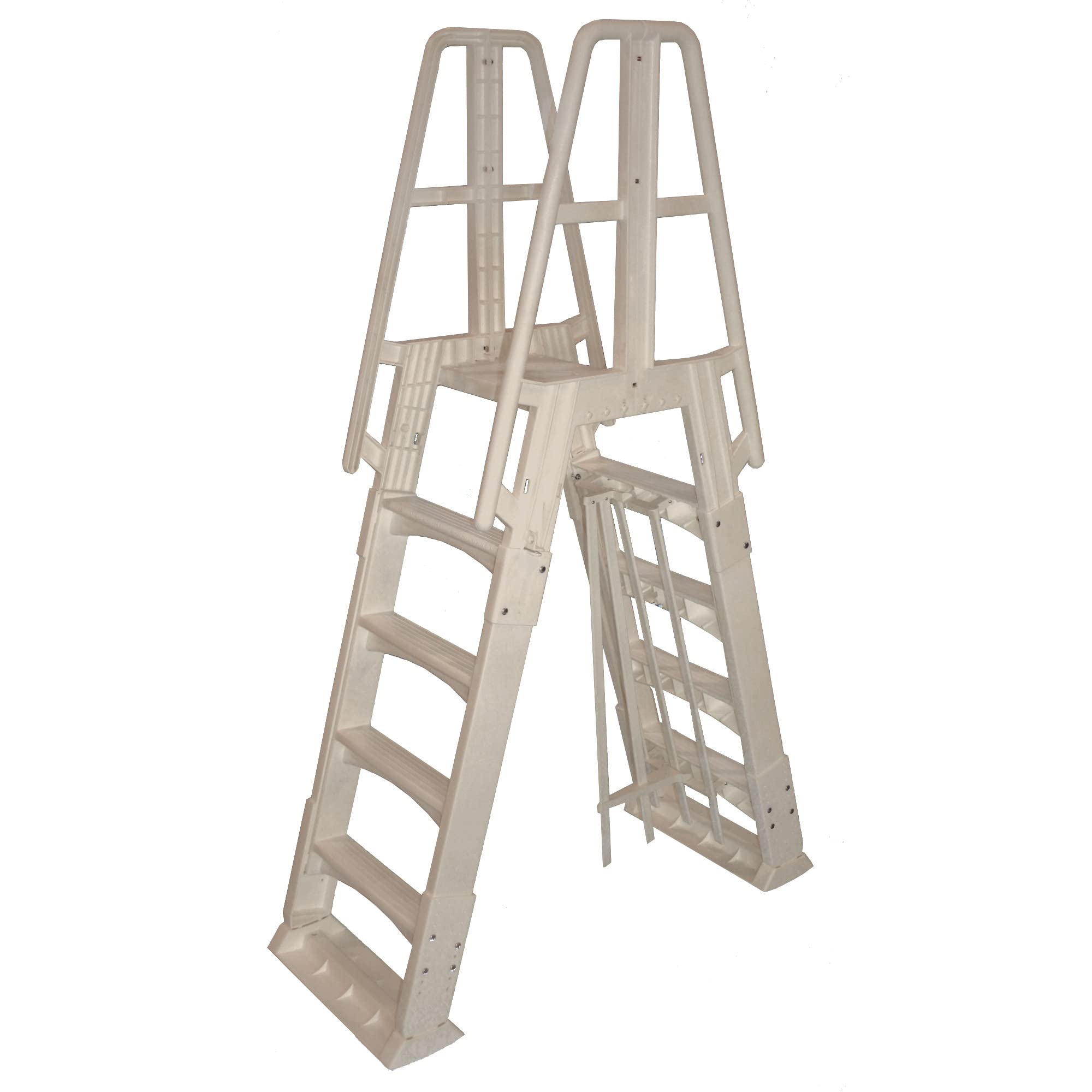Vinyl Works SLA A-Frame 48-56 Inch Adjustable Above Ground Pool Ladder with Slide Lock Safety Barrier & Handrails, Taupe - Perfect for Easy Entry/Exit & Child Safety in Backyard Swimming Pools