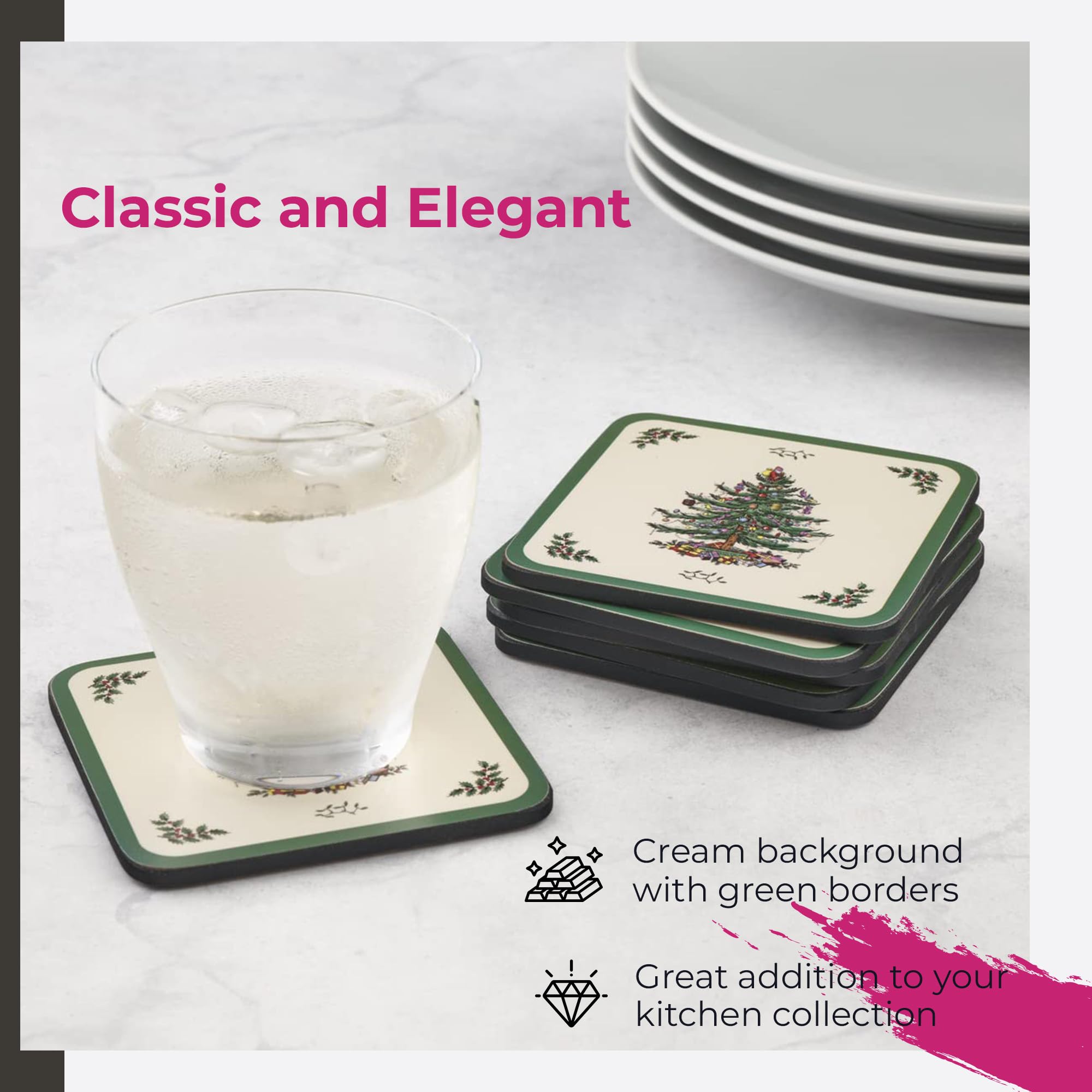 Spode Christmas Tree Holiday Coasters Set of 6 - 4x4 Inch Cork Backed Drink Coasters, Heat & Stain Resistant - Festive Tabletop Protection for Home Decor - Perfect for Christmas Parties, Dinner Tables & Holiday Gatherings