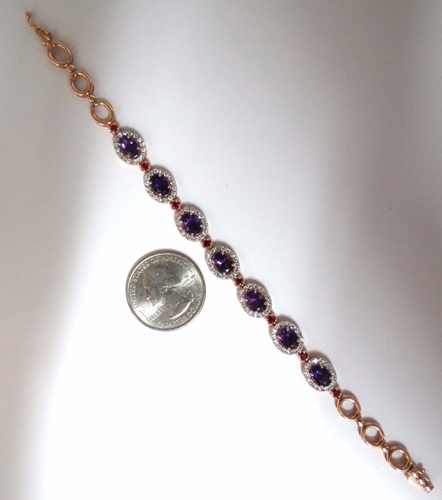 6.46ct Natural Amethyst & Ruby Diamond Halo Bracelet in 14K Gold - Elegant Jewelry for Weddings, Anniversaries & Special Occasions