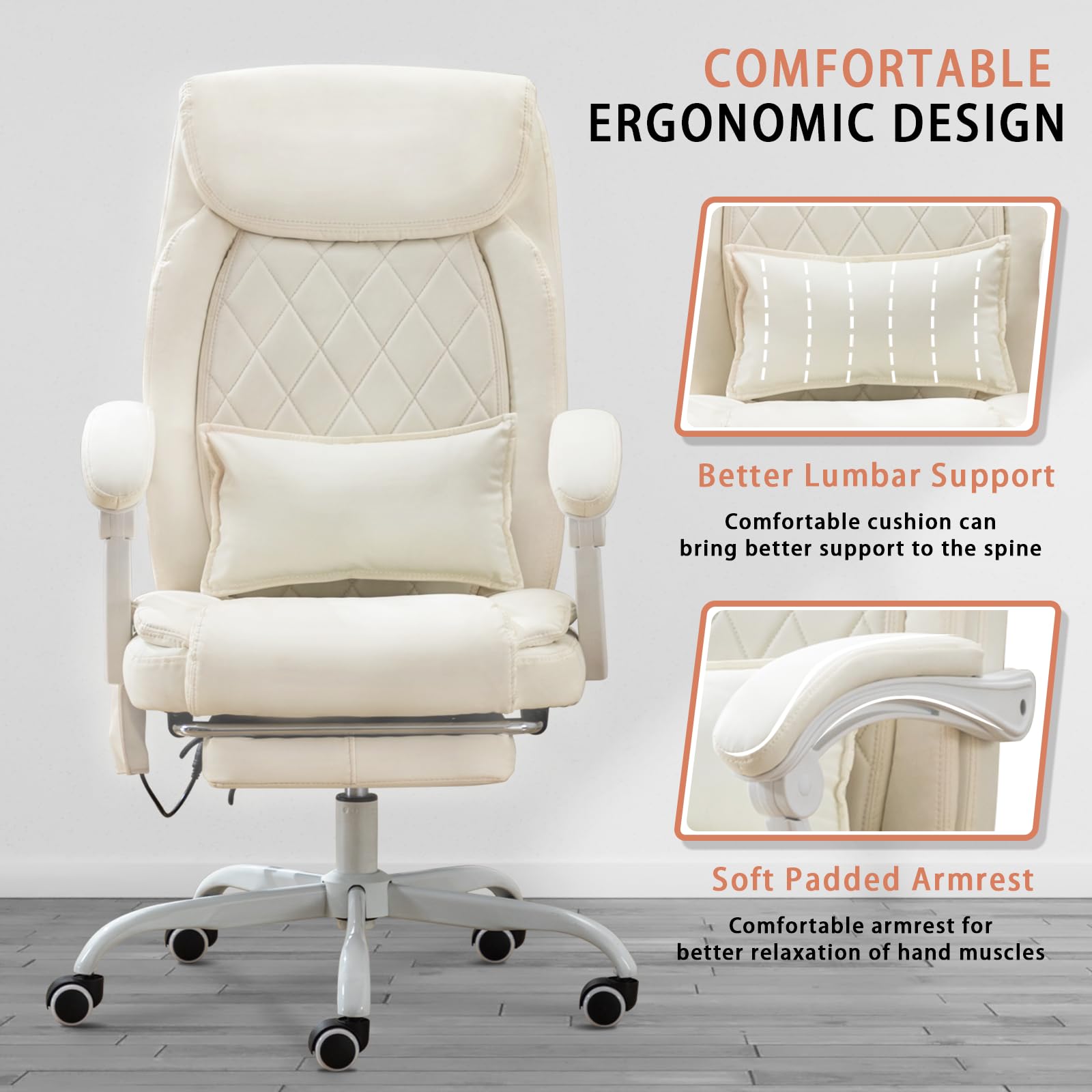 Premium Ergonomic Executive Massage Office Chair with Heating, 90-135° Recline & Footrest - High Back Leather Computer Desk Chair with Wheels & Padded Cushion (Cream White) - Perfect for Home Office, Gaming & Workspaces