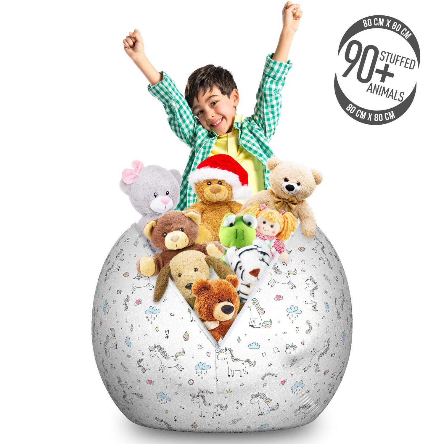 Ambesonne Unicorn Toy Storage Bag Chair - Large Washable Stuffed Animal Organizer with Rainbow Ice Cream Hearts & Cloud Animal Design - Perfect for Kids' Room, Playroom, and Nursery Organization