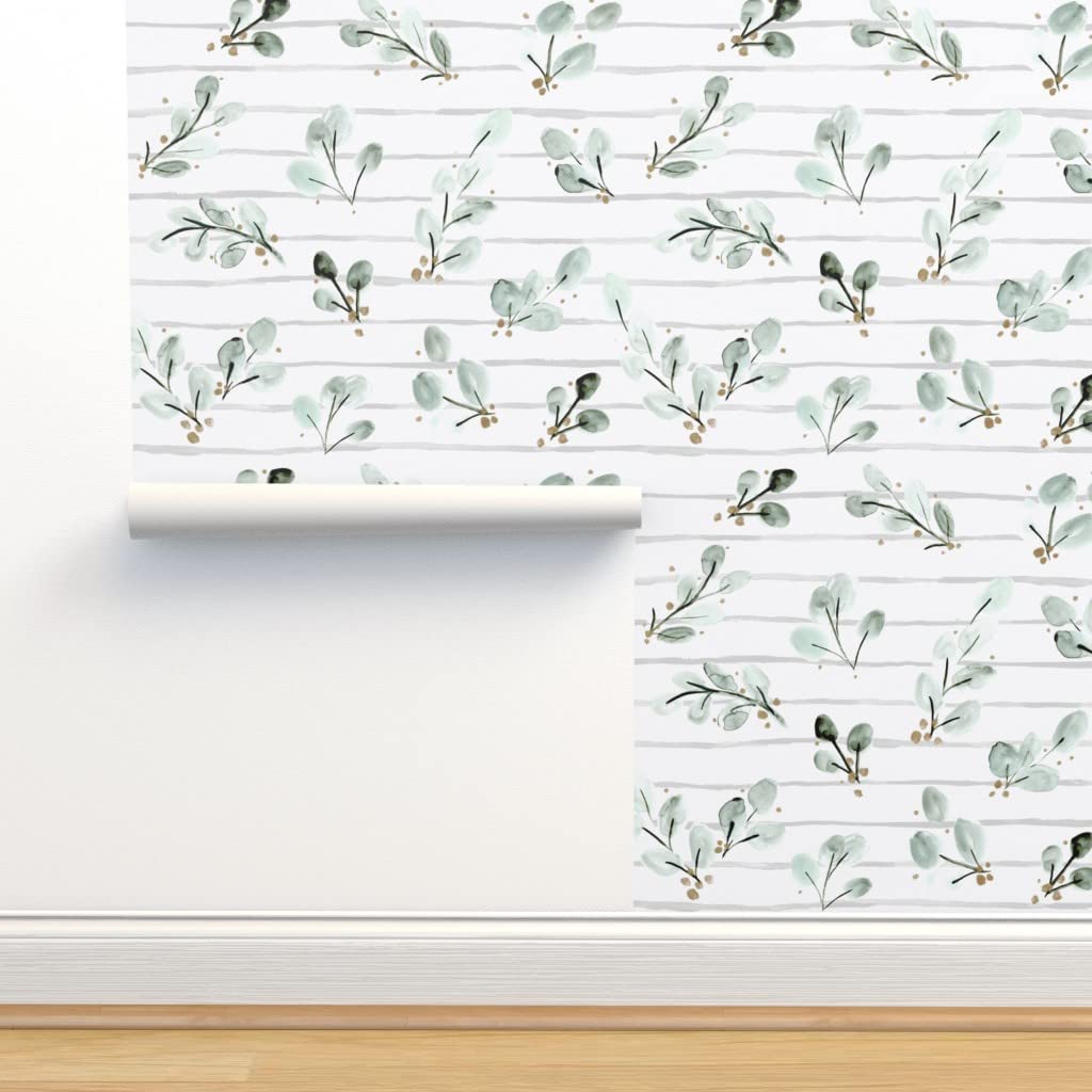 12ft x 2ft Removable Peel and Stick Wallpaper - Eucalyptus Sprigs & Mint Watercolor Leaves Pattern, Blue Green Botanical Design, Pre-Pasted Self-Adhesive Wallpaper for Nursery, Bedroom, or Office Decor | Spoonflower