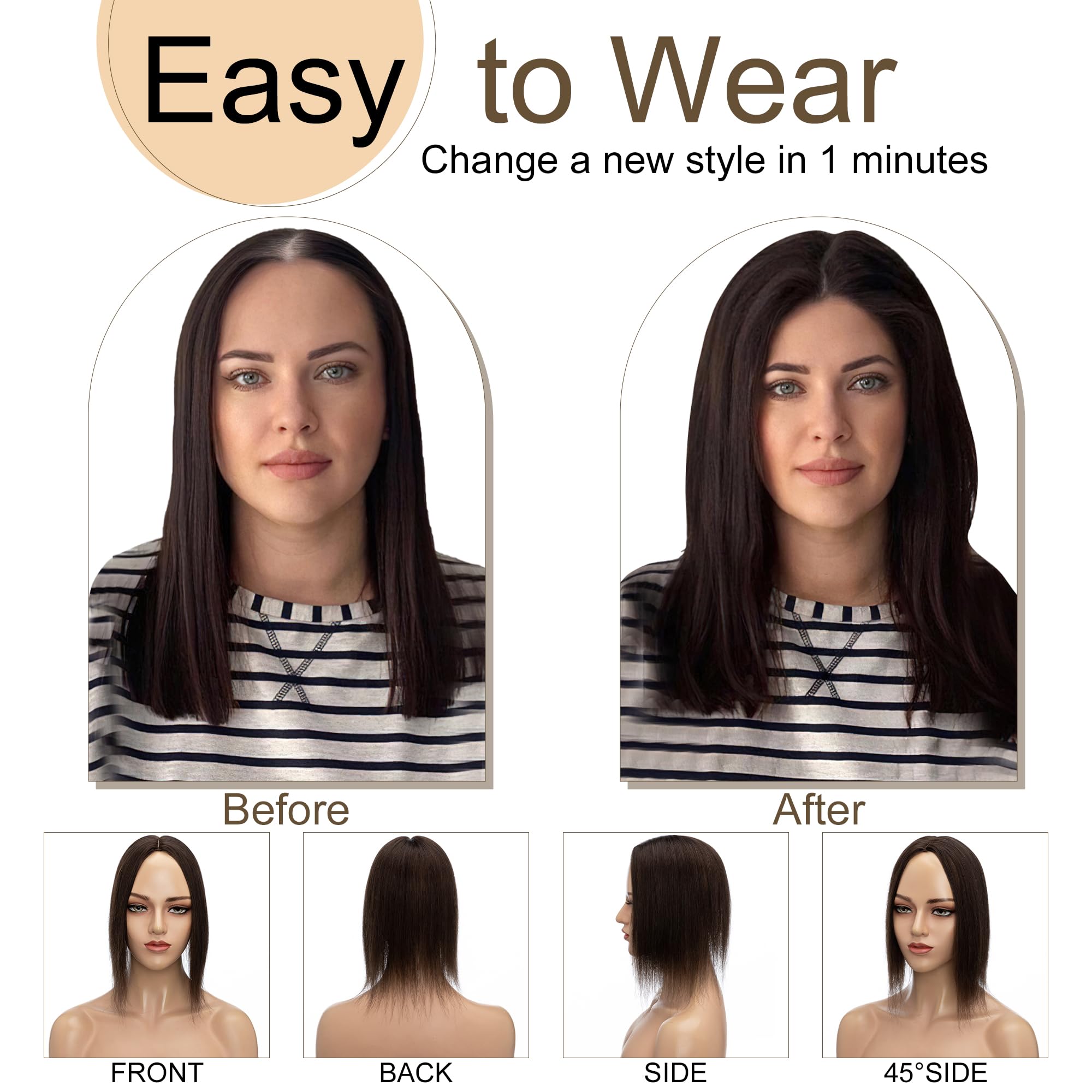 SEGO 10x12cm Silk Base Human Hair Topper for Women - 130% Density No Bangs Clip-in Top Wiglet, 16 Inch Dark Brown 100% Remy Human Hair | Perfect for Thinning Hair, Daily Wear & Special Occasions