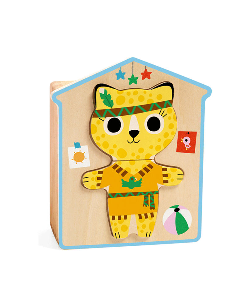 DJECO Dress Up Mix Cat Puzzle Box - Fun Wooden Animal Puzzle for Kids, Creative Play & Learning Toy - Perfect for Birthday Gifts & Family Game Nights