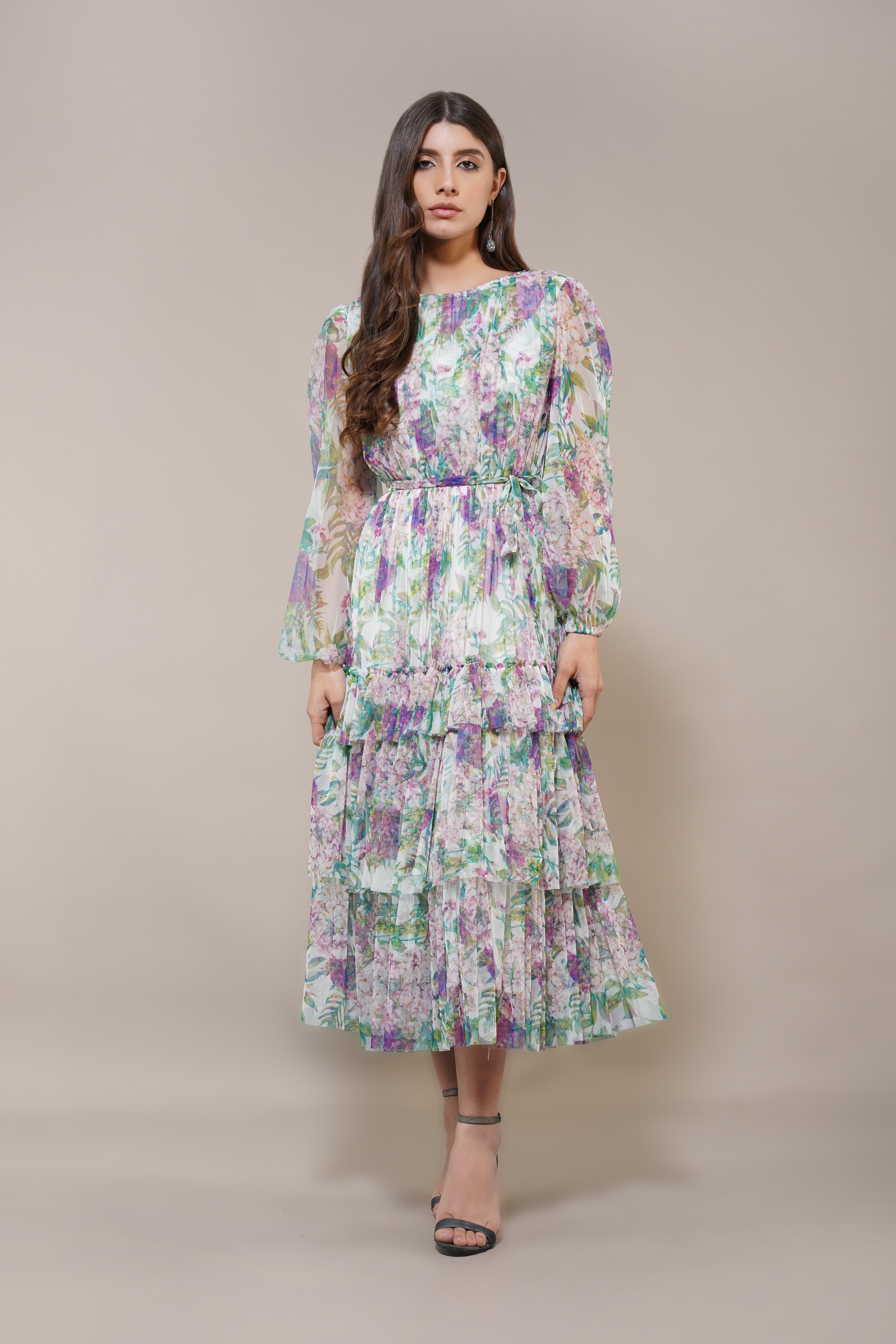 Rebecca Floral Print Midi Dress - Purple & Green Vintage Floral Summer Dress for Women | Perfect for Weddings, Garden Parties & Date Nights