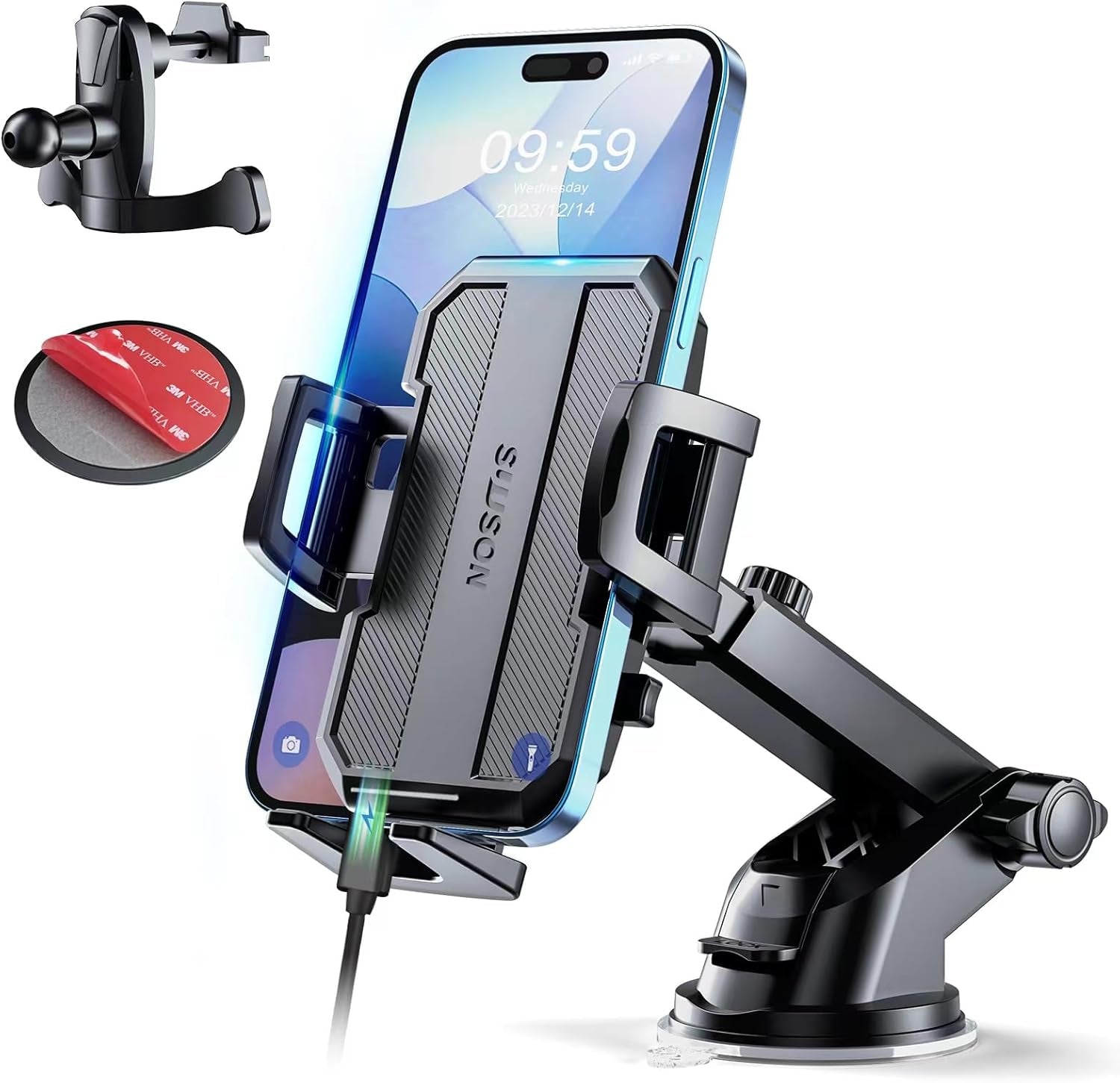 Upgraded 3-in-1 Car Phone Holder Mount - Powerful Suction Cup for Dashboard, Air Vent & Windshield - Universal Phone Mount Compatible with iPhone & Android - Perfect for GPS Navigation & Hands-Free Driving (Black)