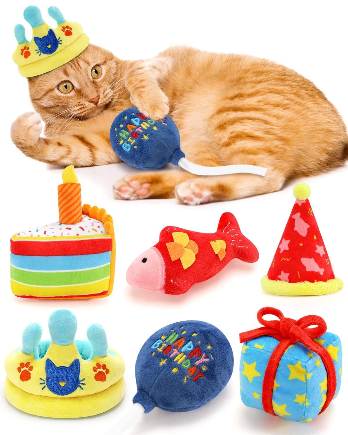 CIYVOLYEEN 6PCS Catnip Toys for Cats - Birthday Themed Interactive Kitten Toys with Plush Fish, Cake & Crown - Perfect Cat Litten Gift for Cat Lovers | Great for Playtime, Chewing & Kicking Fun