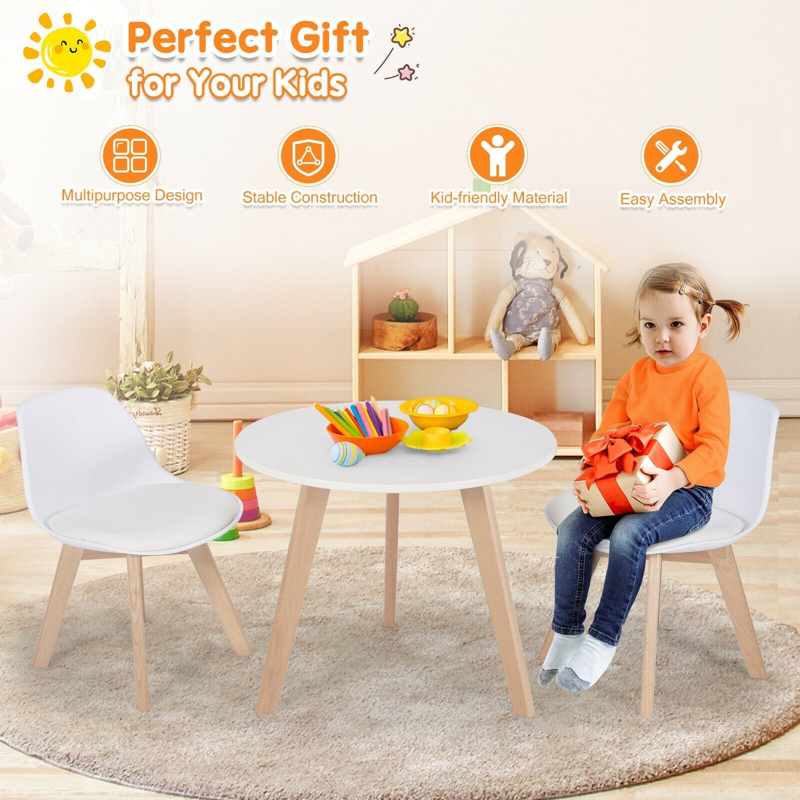 Modern Kids Activity Play Table and 2 Chairs Set - Beech Wood Legs with Cushion, White - Perfect for Toddler Arts & Crafts, Snack Time, and Learning Activities