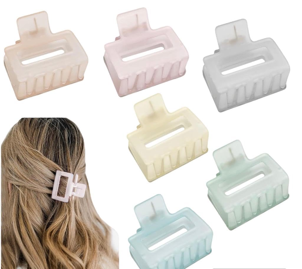 6Pcs Matte Rectangle Hair Claw Clips for Women & Girls - 2 Inch Small Hair Clips for Thin to Medium Thick Hair, Non-Slip Jaw Clips (Frosted Colors) - Perfect for School, Work, Gym & Everyday Styling