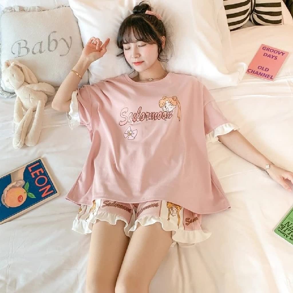 STRAW Women's 2-Piece Pajama Set - Cute Anime Kawaii Summer Shorts & Short Sleeve Top - Lightweight Sleepwear for Home & Lounge - Plus Size XX-Large (Color A) - Perfect for Sleepovers, Relaxing at Home & Summer Nights