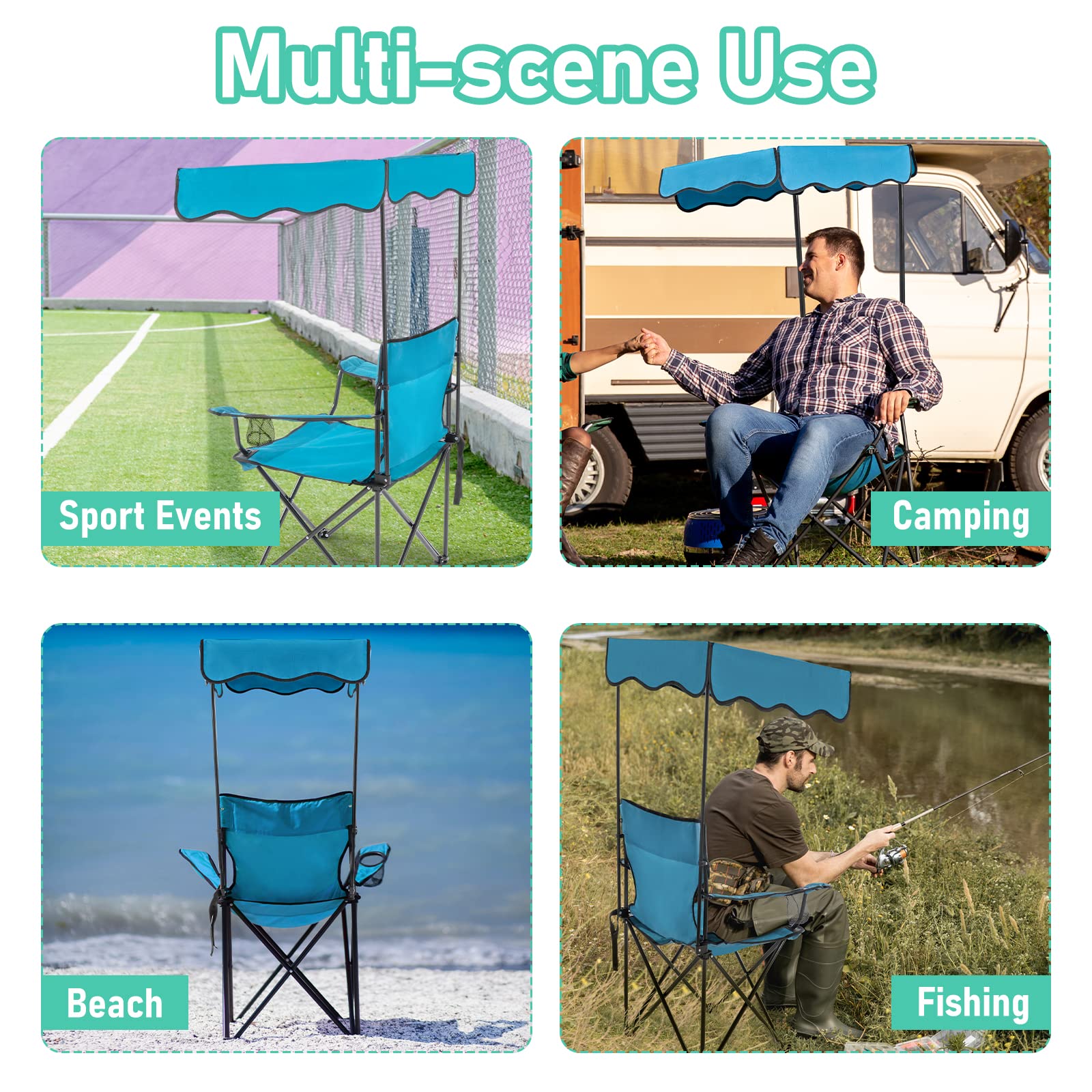 Portable Folding Camping Chair with Canopy Shade - Heavy Duty 330lbs Capacity Lawn Chair with Cup Holder & Umbrella Support - Perfect for Beach, Fishing, Picnics, Garden, Sports & Outdoor Patio Relaxation