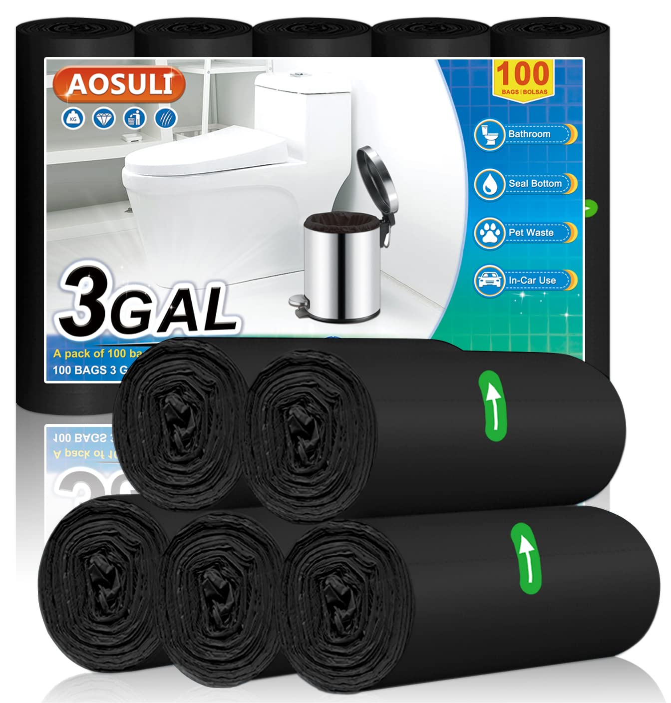 AOSULI 3 Gallon/10 Liter Small Bathroom Trash Bags - 100 Count Black Plastic Waste Basket Liners for Bathroom, Office & Kitchen Garbage Cans | Perfect for Small Spaces, Under Sink & Desk Bins