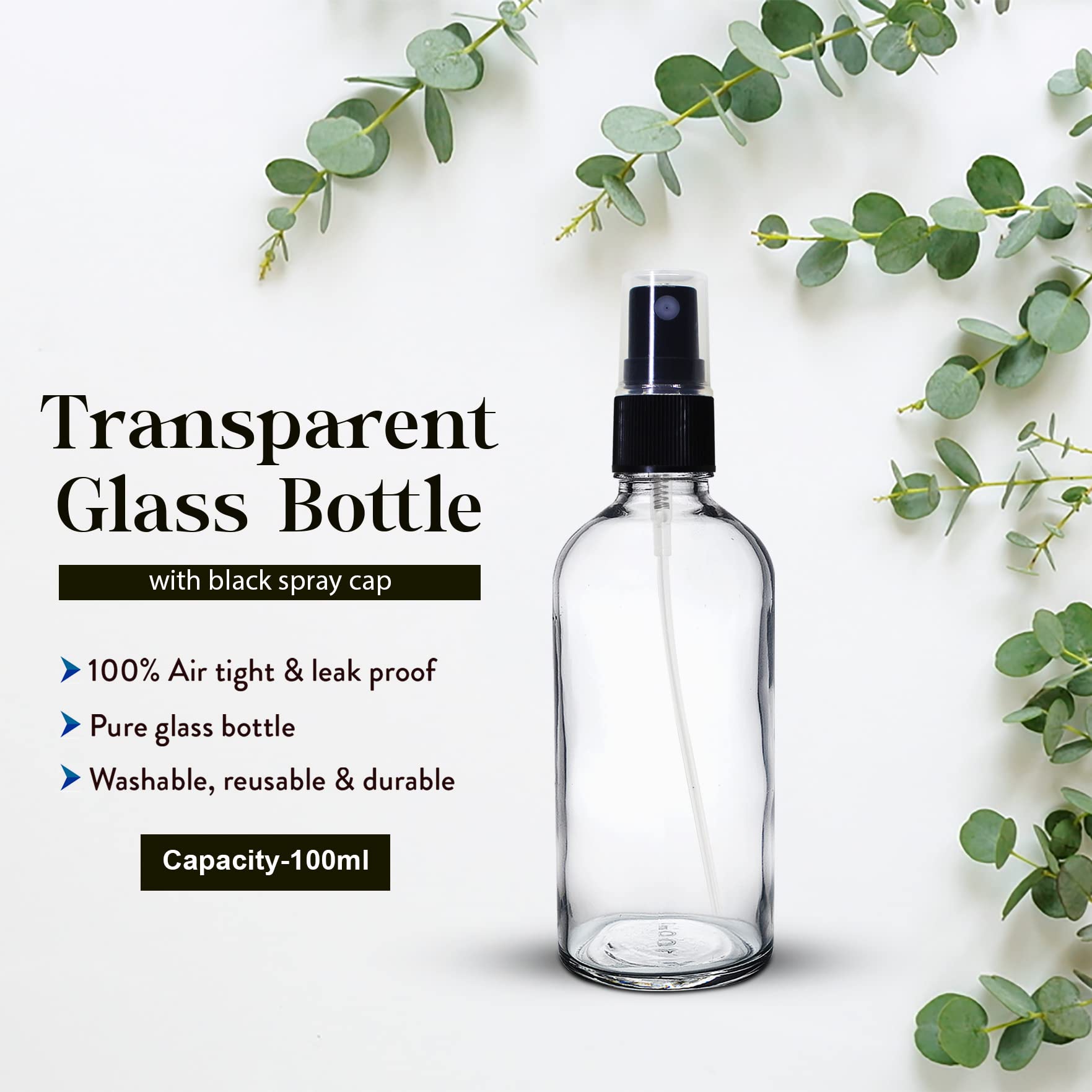 NSB Herbals 100ml Refillable Clear Glass Fine Mist Spray Bottle with Pump - Perfect for DIY Perfume, Essential Oils, Aromatherapy Blends, Facial Mists & Beauty Products - Ideal for Home, Travel & Salon Use