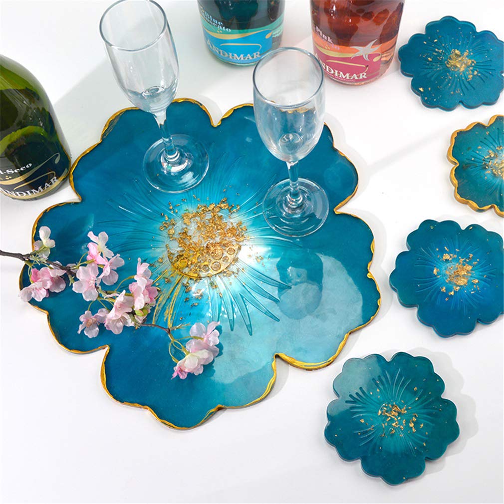 Remanbo Flower Shaped Epoxy Resin Casting Molds Set - 1 Large Tray Mold & 5 Coaster Molds for DIY Home Decor, Wedding Centerpieces & Craft Projects