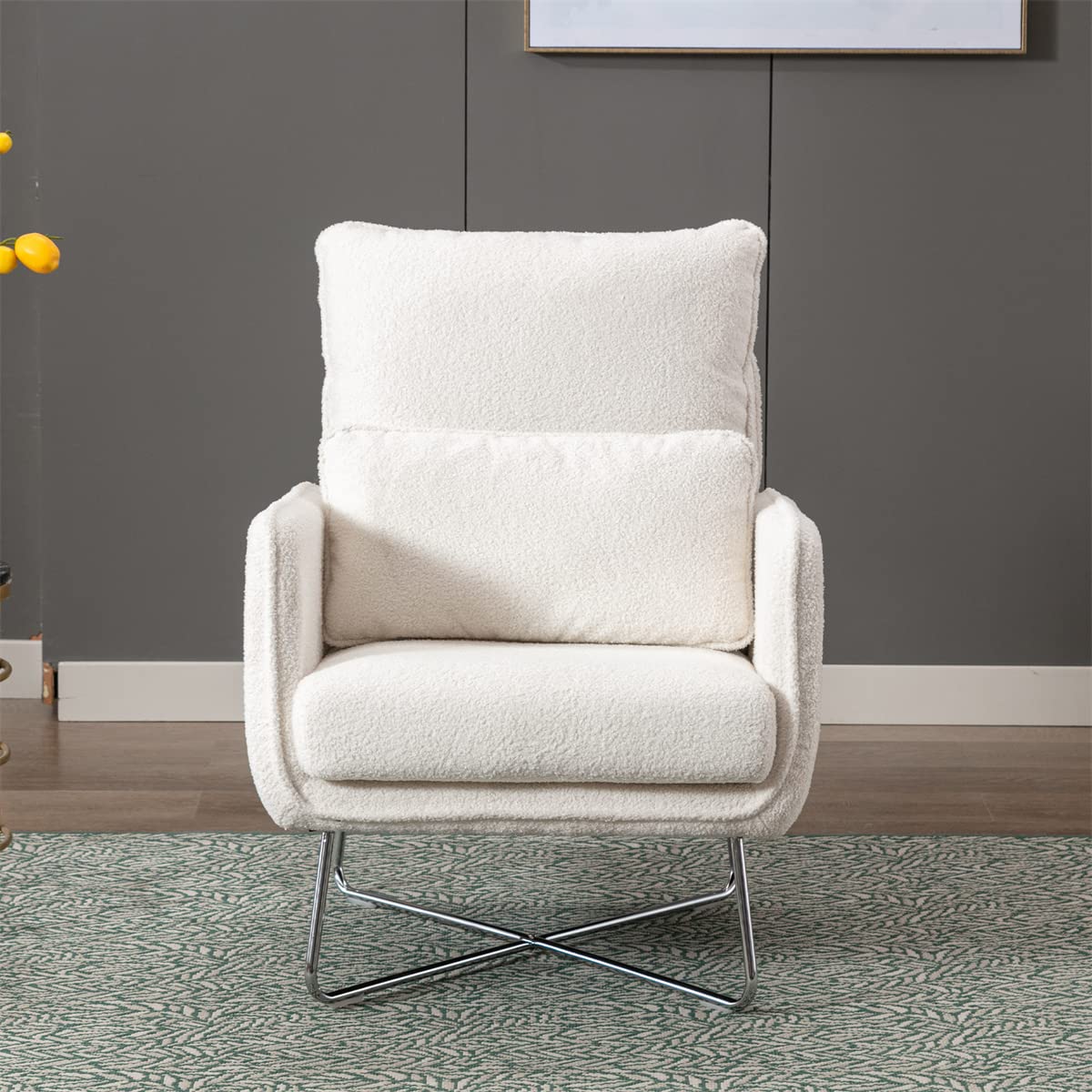 TRIPLE TREE Modern Plush Accent Chair - Soft Teddy Velvet Armchair with Lumbar Support Pillow | Comfortable Living Room, Bedroom & Office Sofa Chair | Perfect for Small Spaces, Apartments & Cozy Reading Nooks (Cream White)