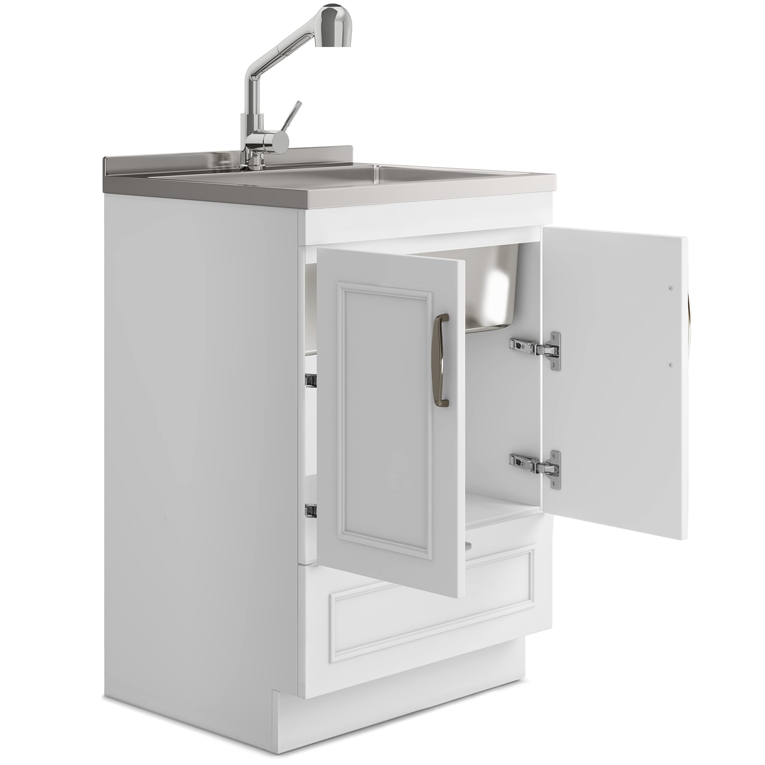SIMPLIHOME 24-inch White Utility Sink Cabinet with Faucet - Stainless Steel Laundry Sink & Storage Drawer - Perfect for Laundry Room, Garage, Mudroom, Basement & Workshop Organization