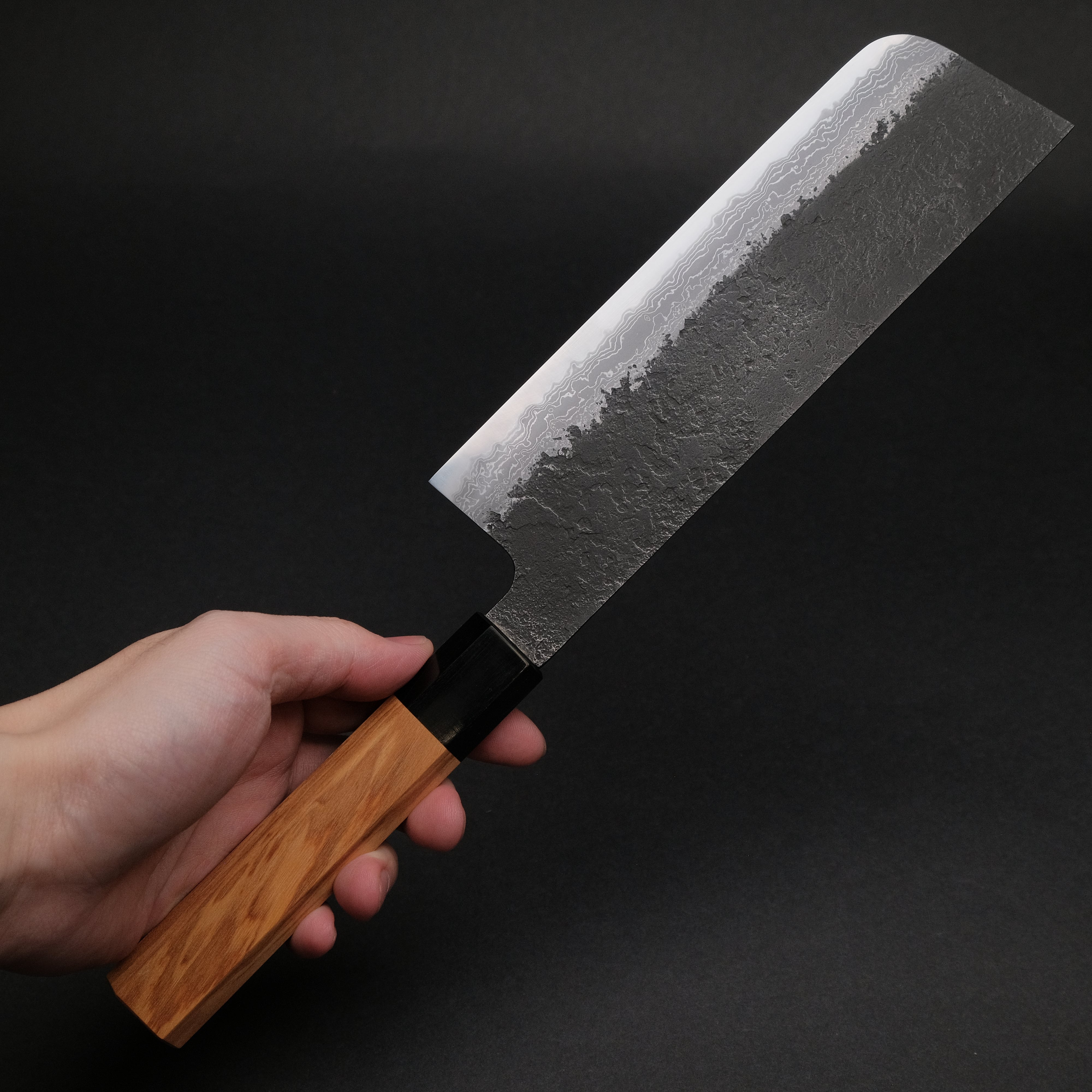 Ajikataya White #2 Nashiji Damascus Nakiri Knife 180mm - Olive Wood & Buffalo Horn Handle - Professional Japanese Vegetable Knife for Precise Chopping, Slicing, and Dicing in Home Kitchens