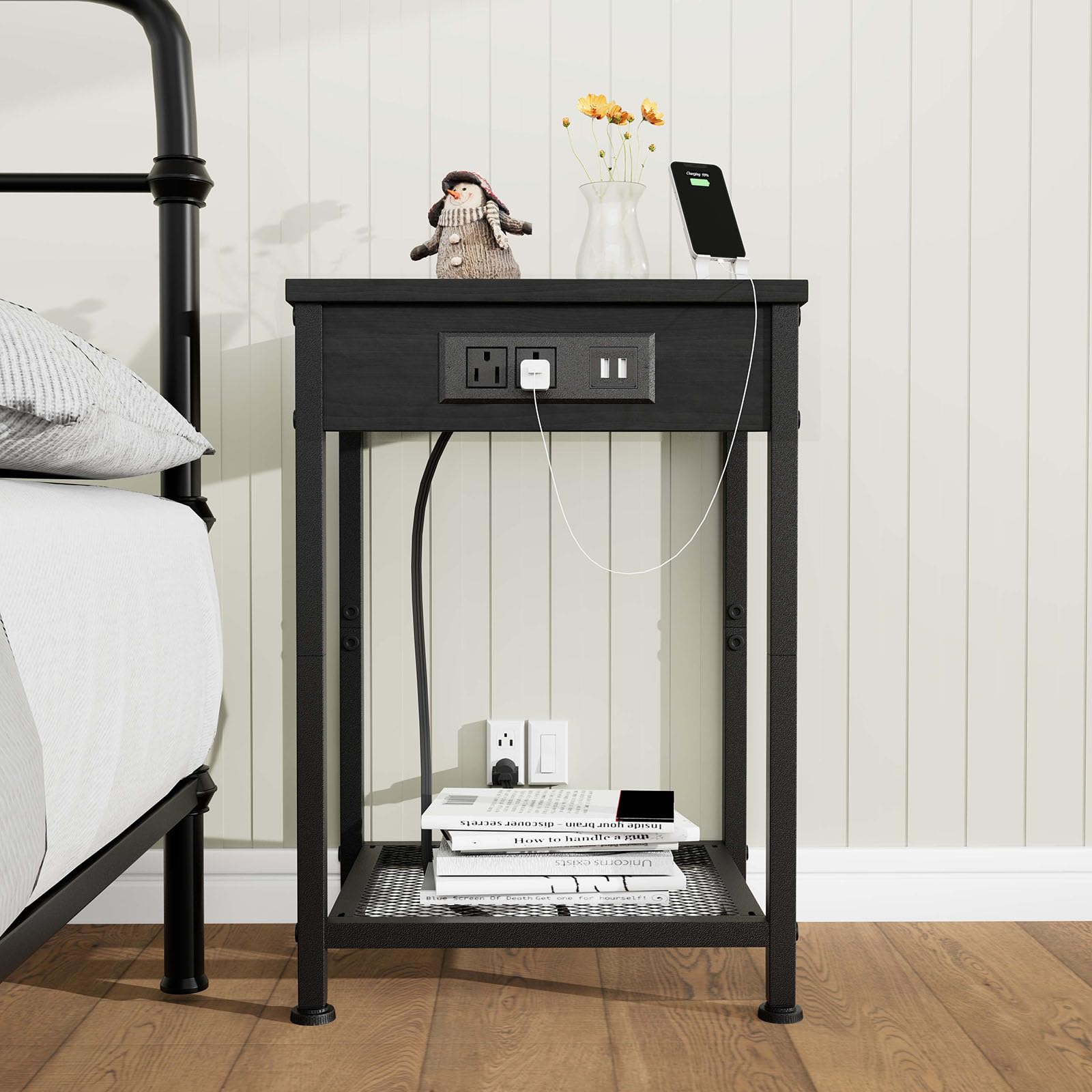 Fixwal Nightstand Set of 2 with USB Charging Station & Power Outlets - Modern Narrow Bedside Tables for Bedroom, Living Room, Farmhouse - Perfect for Phone Charging, Reading Lamps & Small Storage (Black)