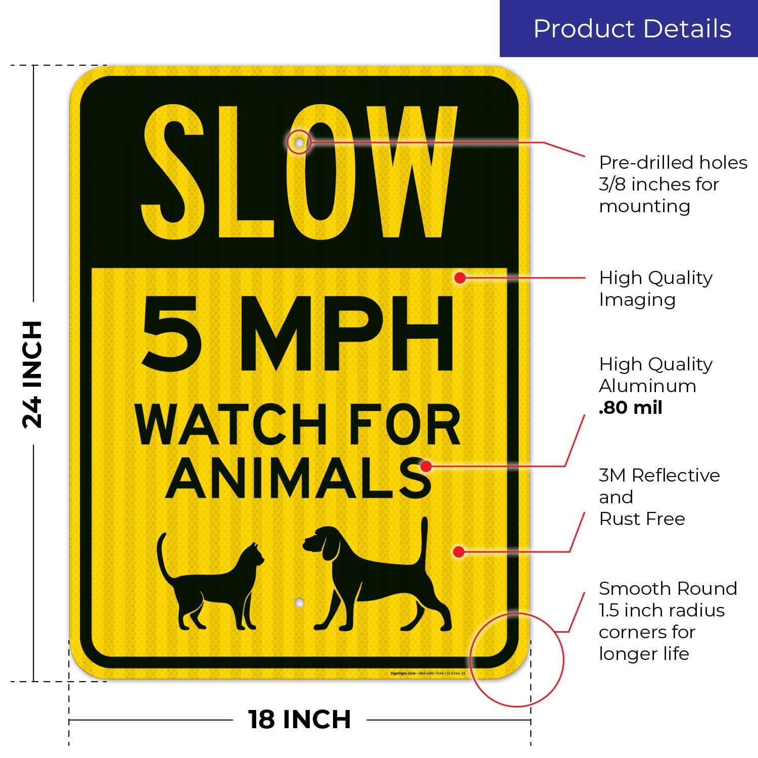 Slow 5 MPH Watch for Animals Sign - 18x24 Inch Reflective Aluminum Traffic Sign with 3M EGP Coating | Durable .080 Aluminum, Fade Resistant for Indoor & Outdoor Use | Perfect for School Zones, Residential Areas & Wildlife Crossings | Made in USA