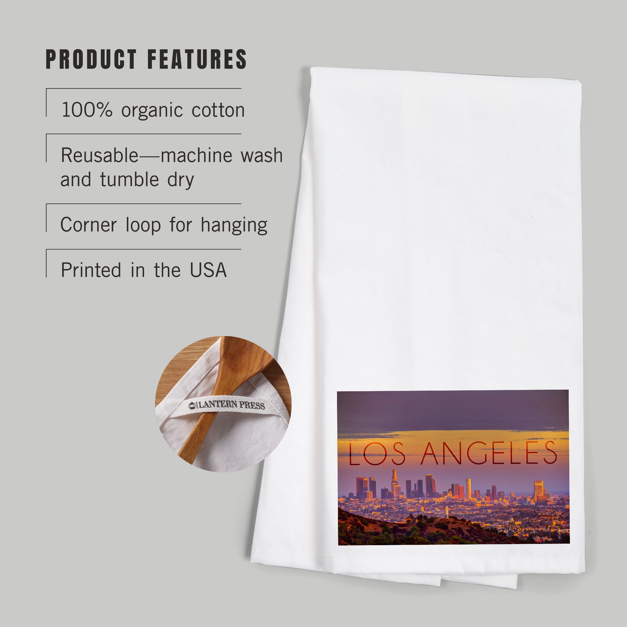 Lantern Press Los Angeles California Skyline at Sunset - 100% Cotton Tea Towel, Decorative Hand Towel for Kitchen & Home Decor - Perfect for Dish Drying, Gift Giving & Coastal Themed Spaces