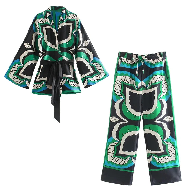 Foridol Oversized Green Print Boho Women's Shorts Set - Matching Shirt, Shorts & Pants 3-Piece Outfit for Summer | Casual Beachwear, Vacation Outfits & Boho Fashion Style