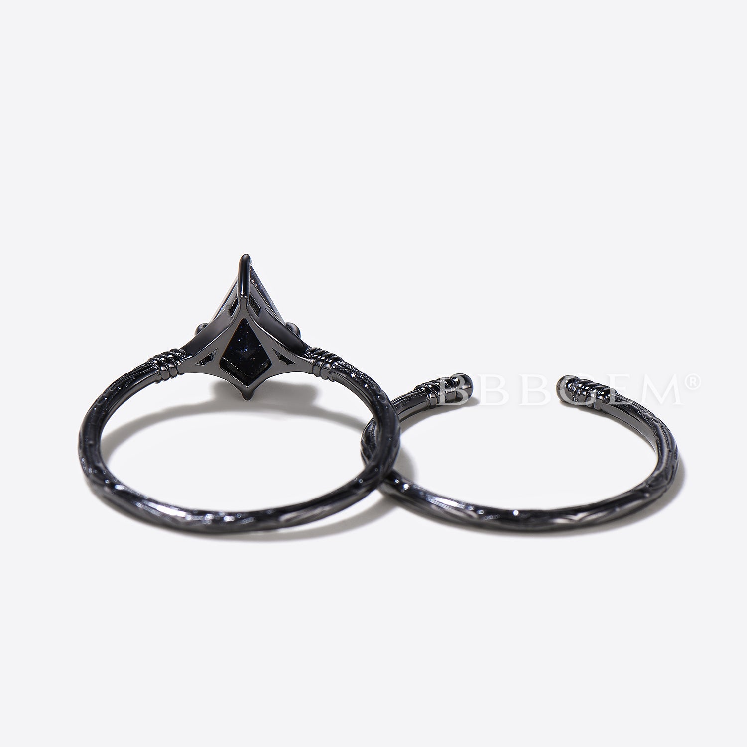 Blue Sandstone Engagement Ring Set - Kite Cut Solitaire Open Cuff Bridal Jewelry for Wedding & Anniversary Gifts