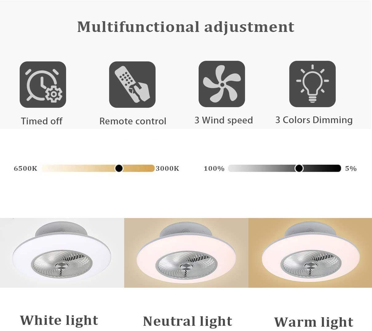 Modern Dimmable LED Ceiling Fan with Light - 22.8