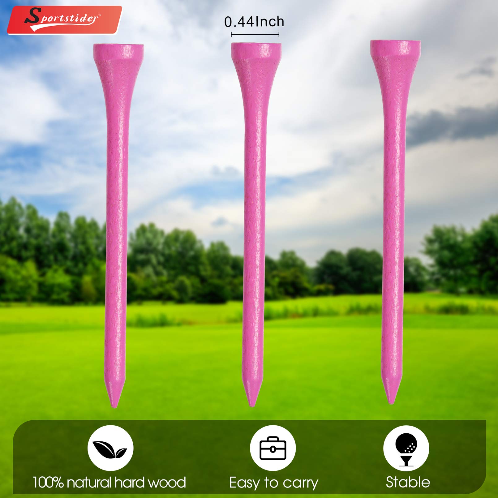 Premium 3 1/4 Inch Wooden Golf Tees - 77 Count Professional Deluxe Hardwood Tees in 20+ Color Options (Pink) - Perfect for Driving Range Practice, Tournament Play & Golf Course Use