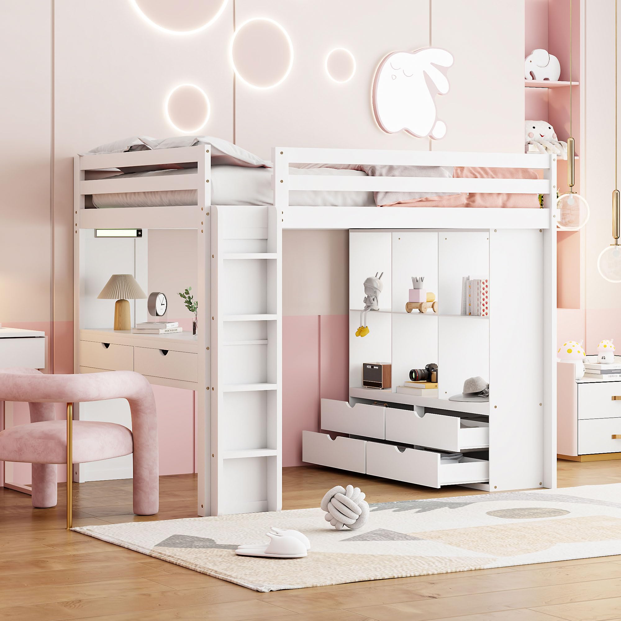 Harper & Bright Designs Full Size Loft Bed with Desk & Storage Shelves - White Wooden High Loft Bed Frame with LED Lights for Kids, Teens, Boys & Girls - Perfect for Small Bedrooms, Dorm Rooms & Space-Saving Kids' Rooms