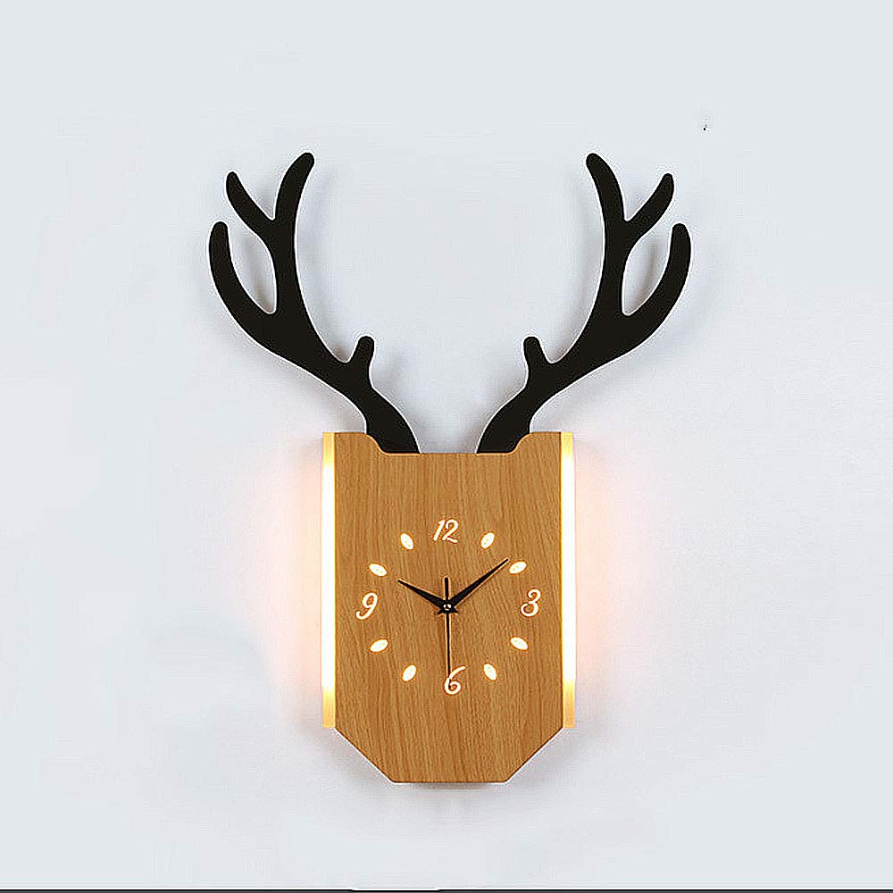 Remote Control Wooden Wall Lamp with Antler Design - Dimmable LED Clock Light for Bedroom, Living Room & Office - Easy Plug-in or Hardwire Installation