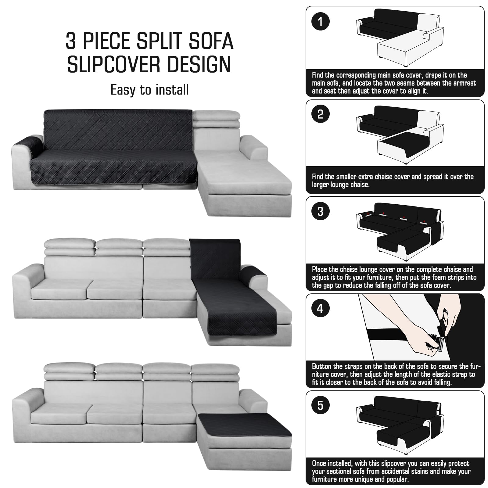 TAOCOCO 100% Waterproof L-Shaped Sectional Sofa Cover Set - 3-Piece Reversible Chaise Lounge Covers with Elastic Straps for Pets & Kids, Fits X-Large Couches (Black) - Perfect for Living Room, Family Room & Pet-Friendly Homes