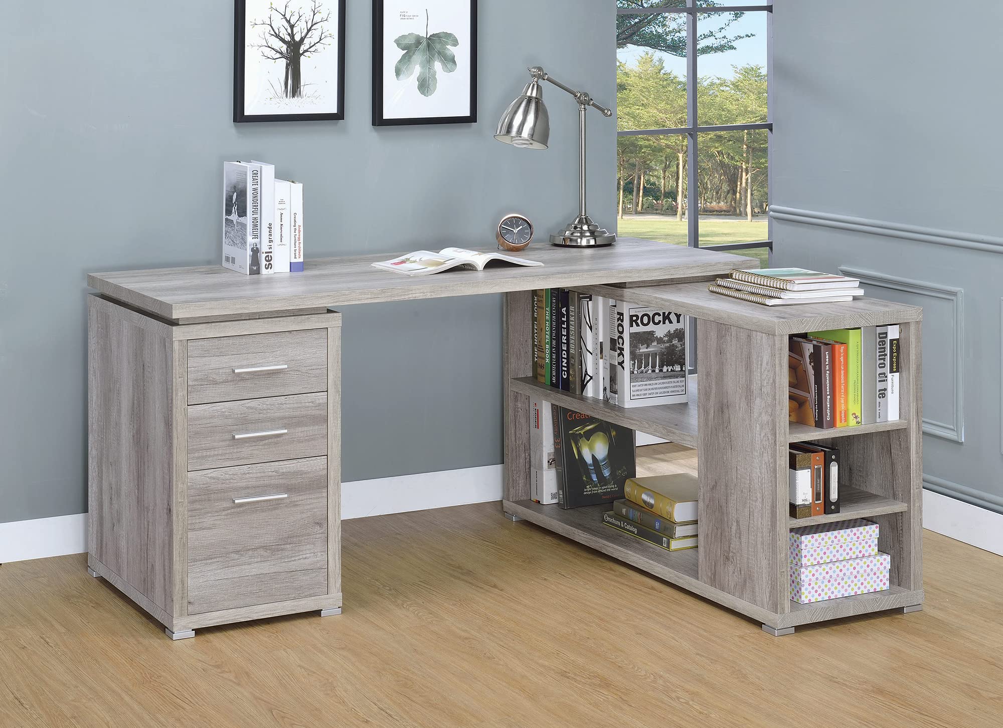 Simple Relax L-Shape Office Desk with 3 Drawers - Grey Driftwood Finish | Modern Home Office Furniture for Small Spaces, Work from Home & Study Room