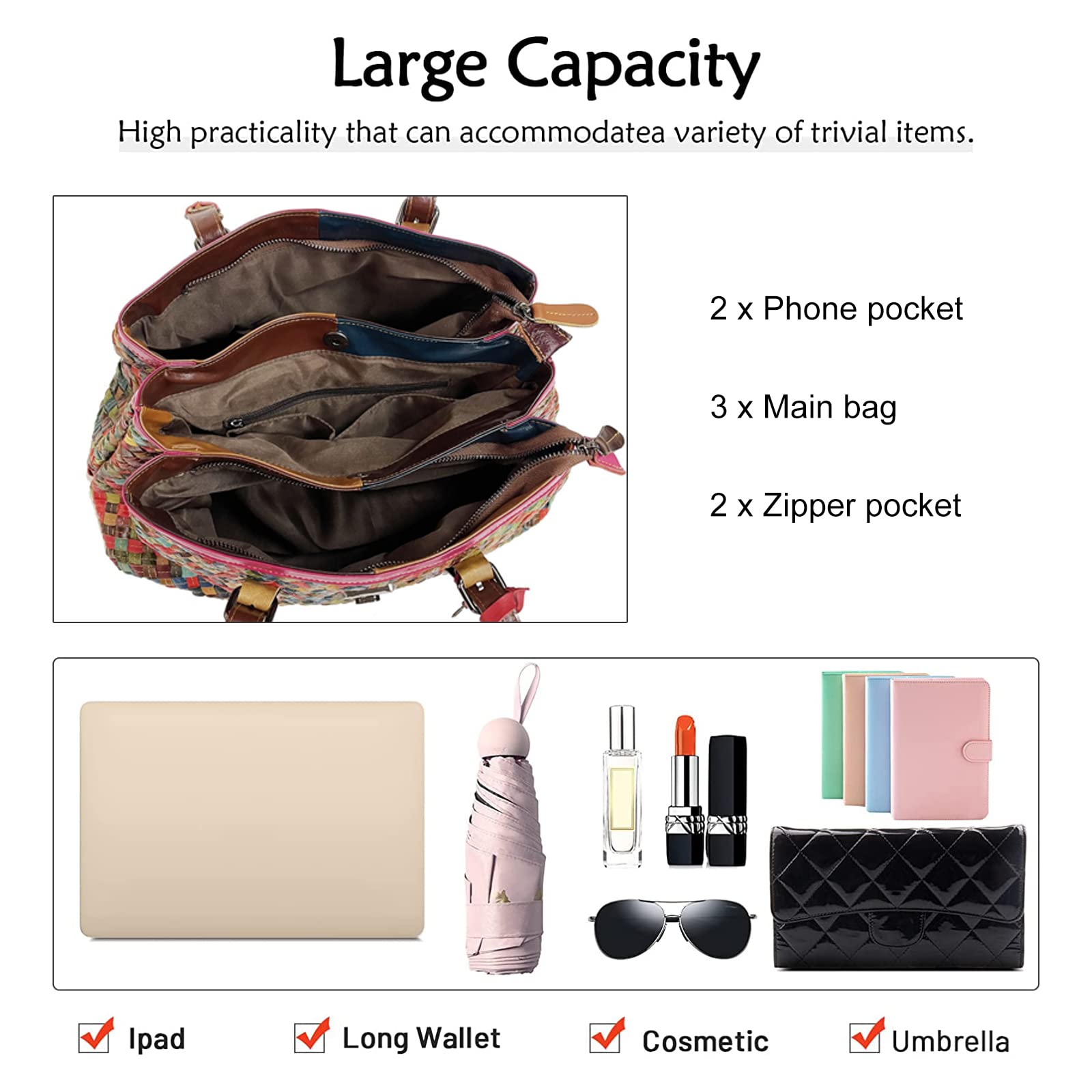 Women's Designer Genuine Leather Handbag - Multicolor Splicing Woven Satchel Purse with Top Handle, Shoulder Strap & Crossbody Option | Perfect for Work, Travel & Everyday Use