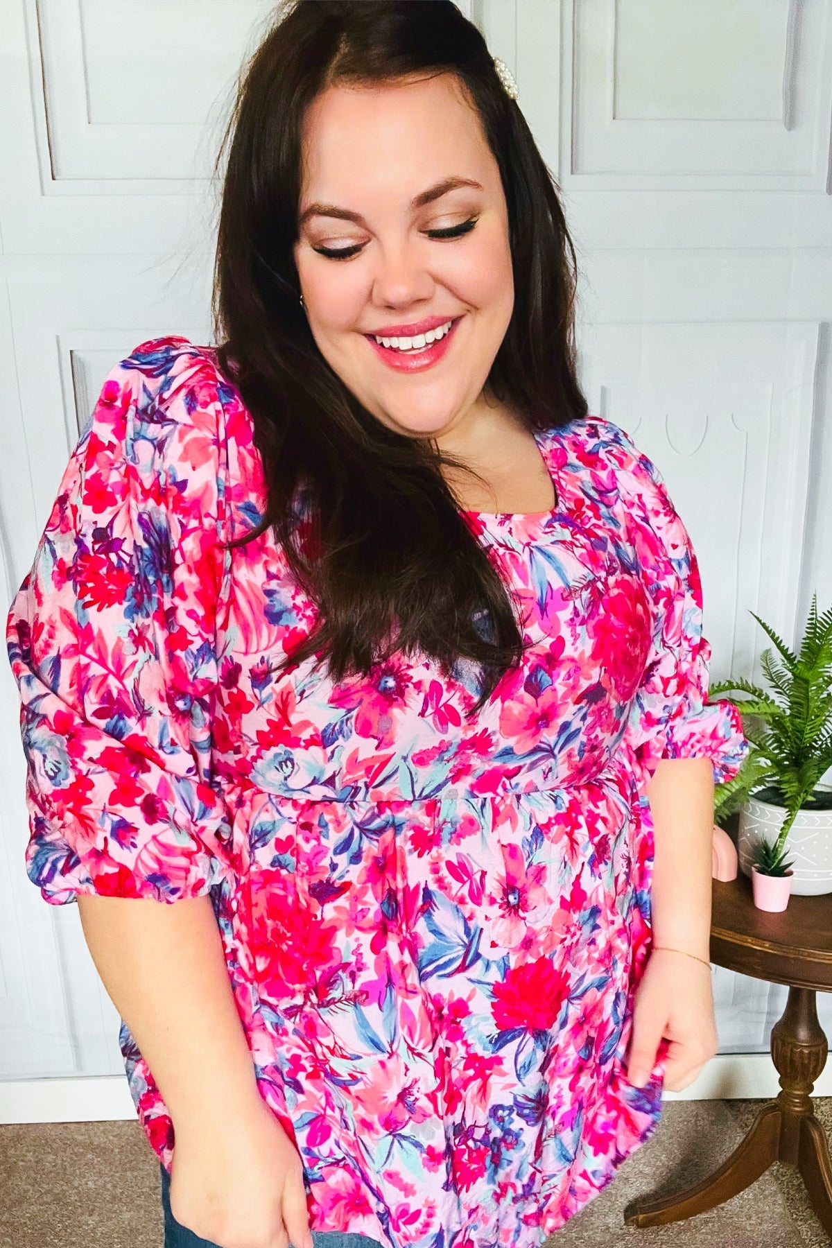 Feeling Femmi Pink & Fuchsia Floral Peplum Woven Top for Women - Elegant Blouse for Spring Summer Outfits, Date Night & Office Wear
