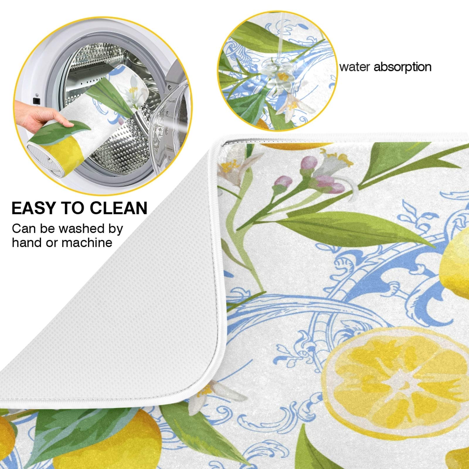 ALAZA Baroque Yellow Lemon Print Dish Drying Mat - Super Absorbent Microfiber Kitchen Countertop Pad (16x18 Inch) - Perfect for Drying Dishes, Fruits & Protecting Countertops