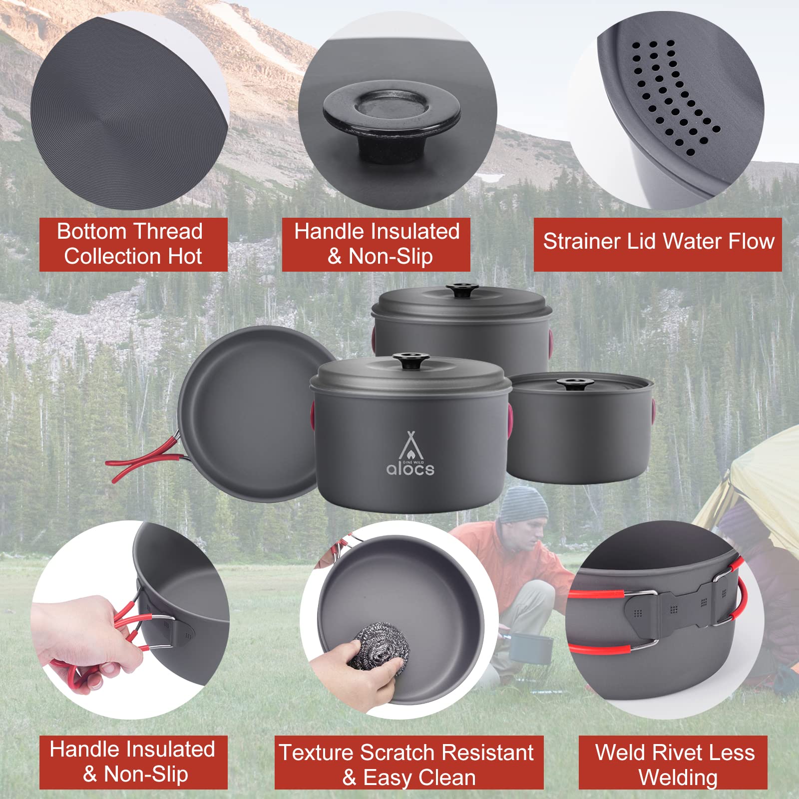 Alocs Camping Cookware Set - Compact & Durable Hard Alumina Outdoor Cooking Pots and Pans for Backpacking, Hiking, Picnics - Includes Mesh Carry Bag - Perfect for Camping Trips and Outdoor Adventures