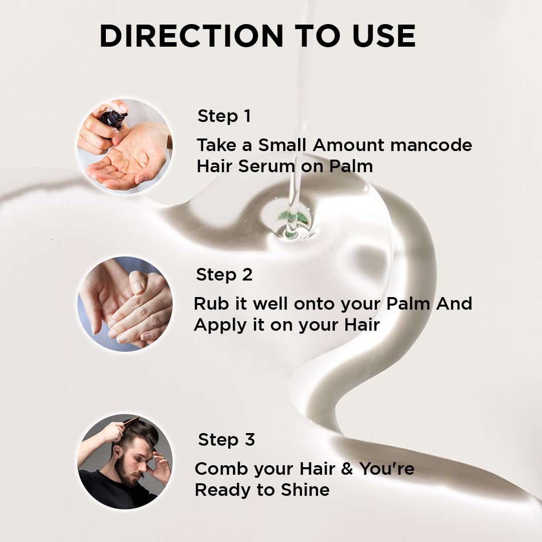 Mancode Hair Serum for Men - Instant Shine & Smoothness, Frizz-Free Soft & Silky Hair Treatment for Dry & Wet Hair - 100ml (3.38 fl oz) - Perfect for Daily Styling, Work & Special Occasions