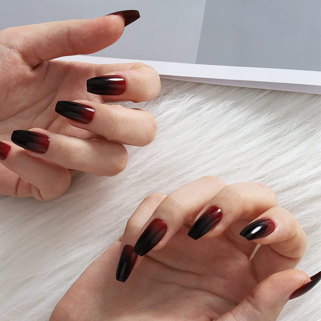 24Pcs Black Press on Nails Long Coffin - Full Cover Glossy Ombre Fake Nails for Women & Girls - Easy to Apply Artificial Nails for Parties, Weddings & Daily Wear