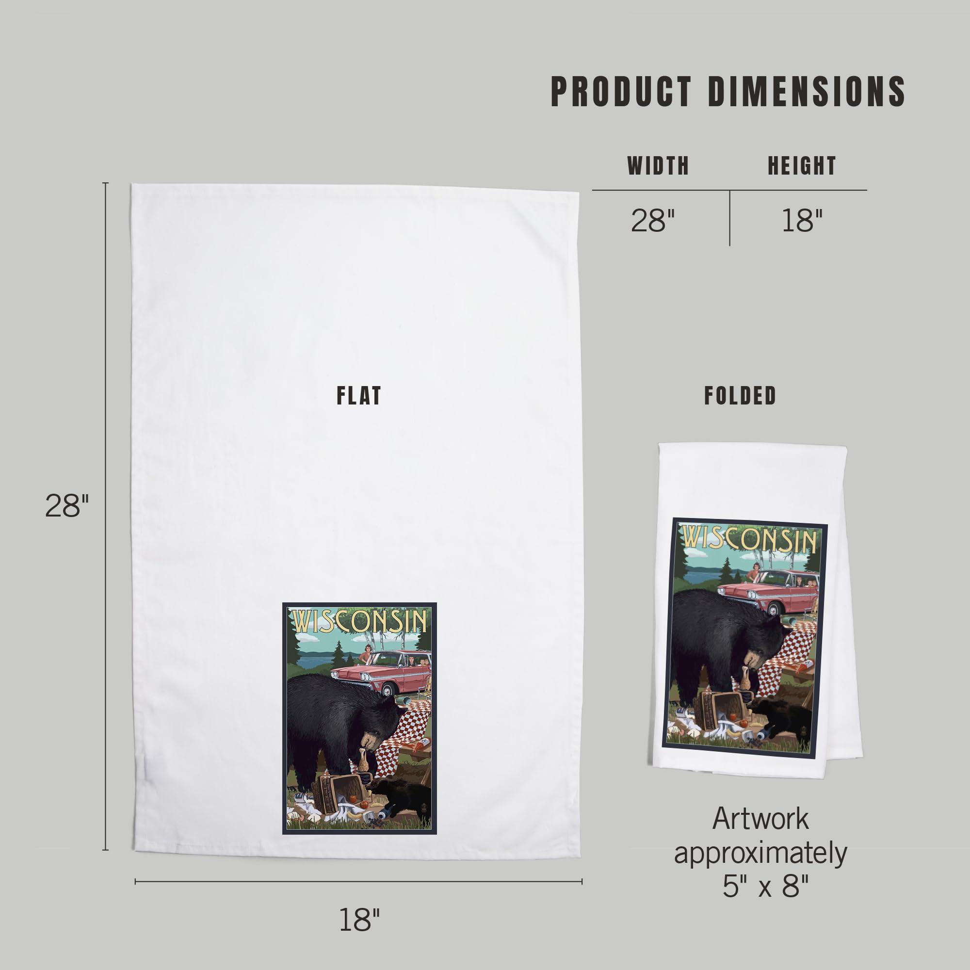 Lantern Press Wisconsin Bear and Picnic Scene Tea Towel - 100% Cotton Decorative Hand Towel for Kitchen, Home Decor & Gifts - Perfect for Camping, Picnics and Rustic Home Decor