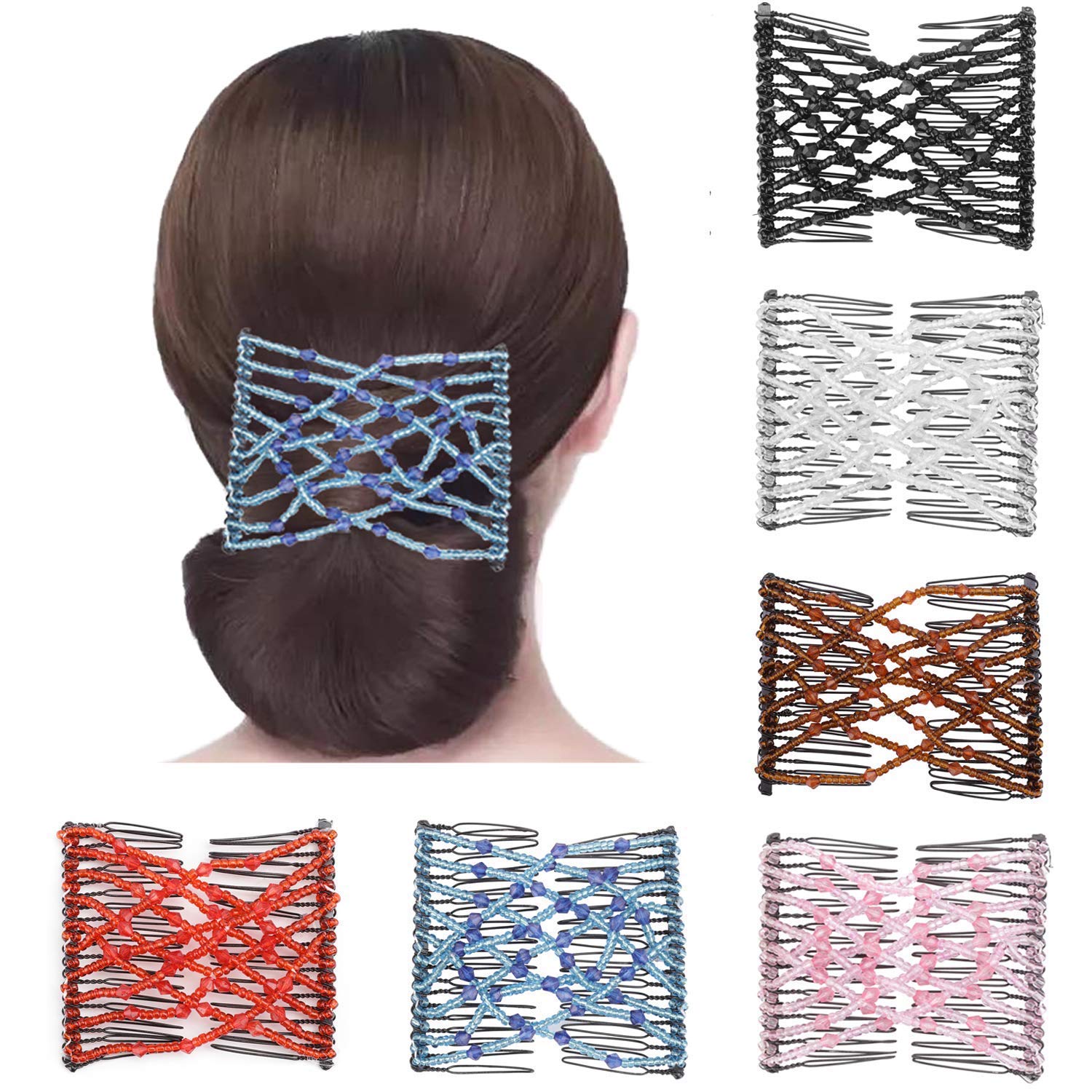 6 Pack Stretchy Flower Beaded Hair Combs - Elastic Bow Knot Hair Clips for Women & Girls - DIY Hair Accessories for Thick & Thin Hair - Random Colors (Perfect for Parties, Weddings & Everyday Styling)