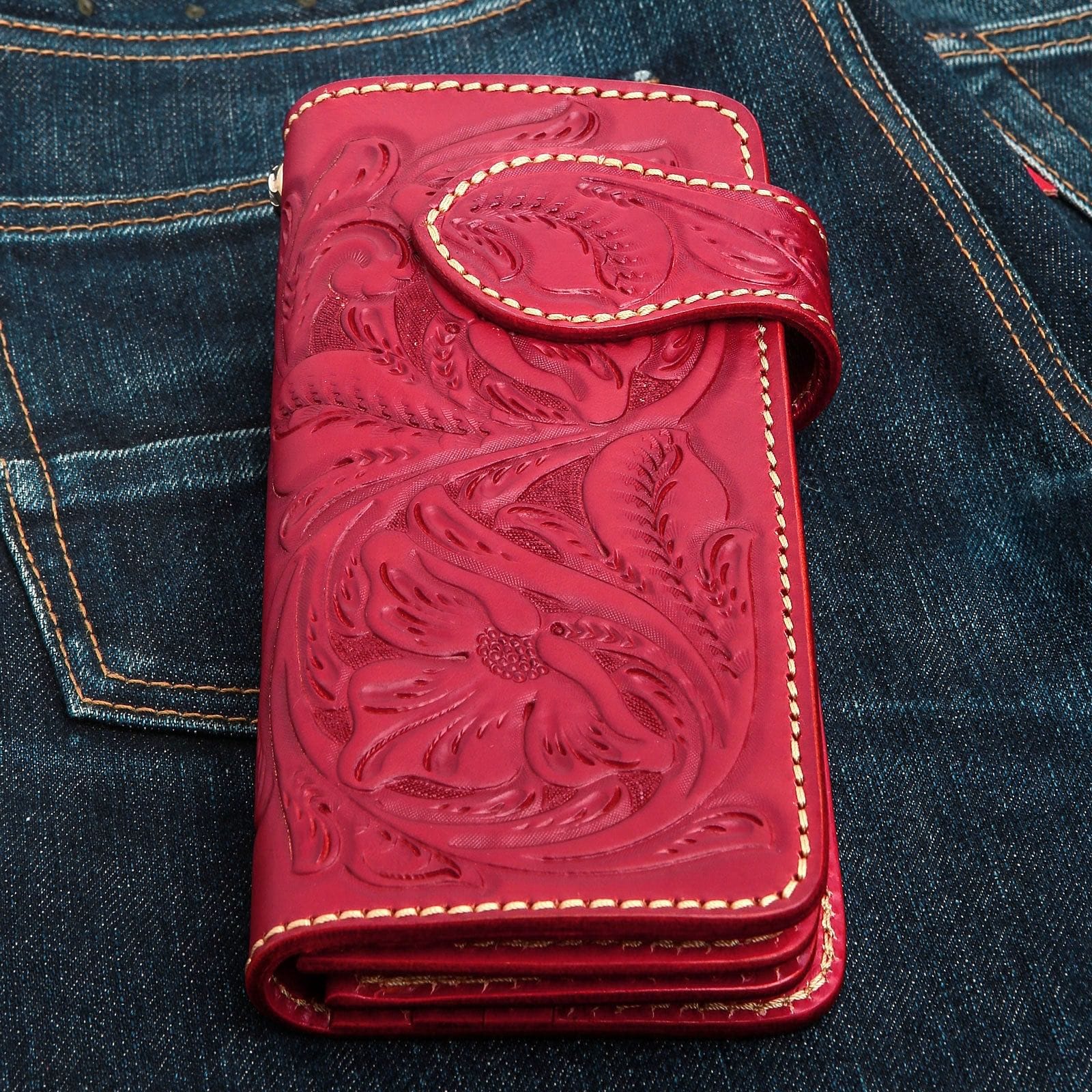Premium Genuine Red Indian Leather Biker Wallet for Men - Stylish & Durable RFID Blocking Wallet for Motorcycle Riders, Travel & Everyday Use