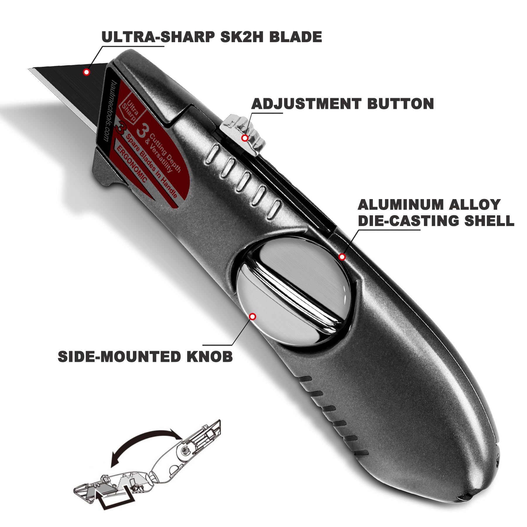 HAUTMEC Heavy-Duty Retractable Utility Knife - 3 Position Fixed Blade Box Cutter with Quick Change System & 3 Extra Blades - Aluminum Alloy Safety Razor Knife for Warehouse, Shipping, Packaging, DIY Projects HT0247-KN
